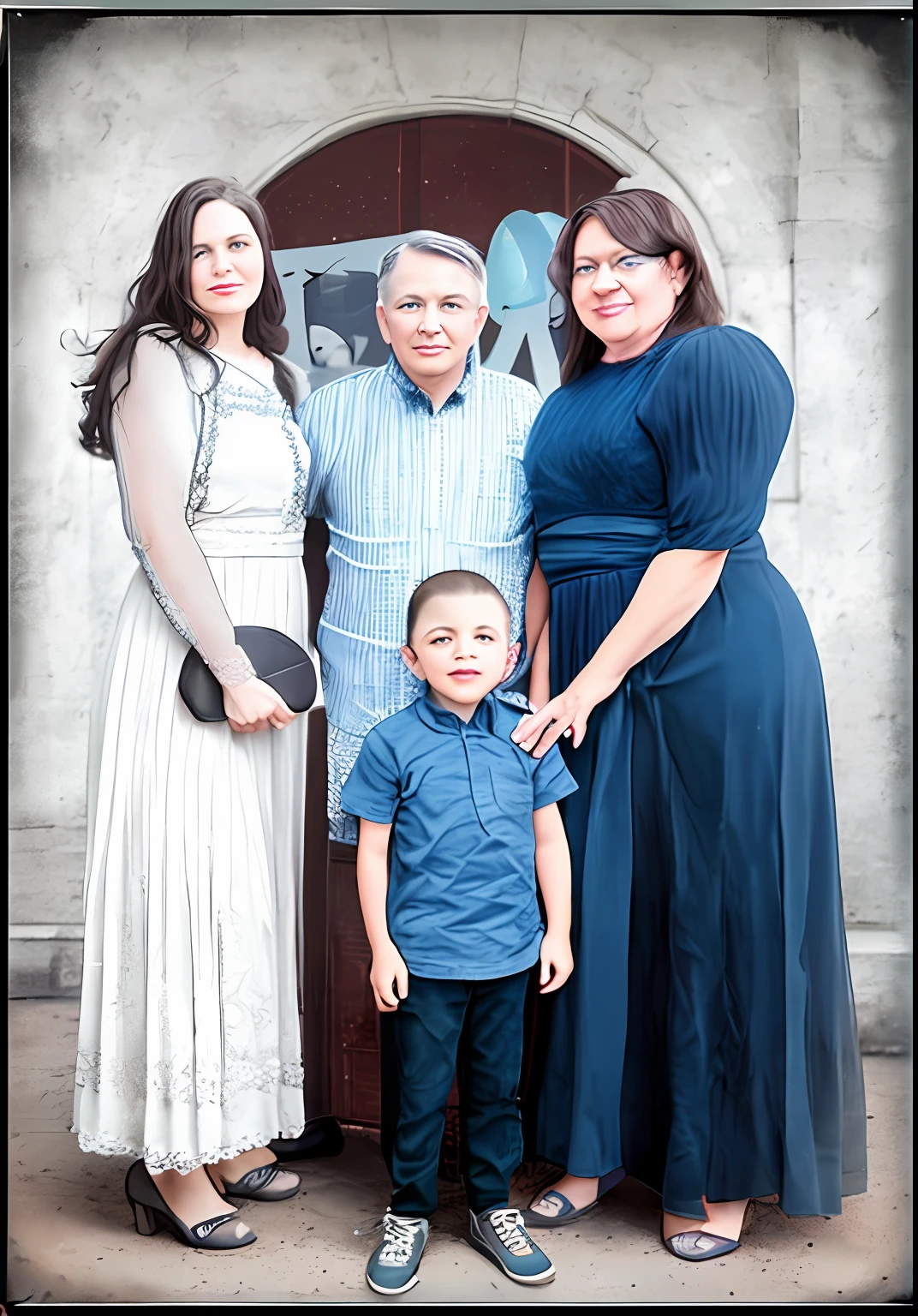 there are three women and a boy posing for a picture, restored photo, digital art but photo, a colorized photo, foto realista, family photo, photo 3 d, photo 3d, made with photoshop, colorized photo, photoshoped, by reyna rochin, digital image, digital collage, family portrait, photo taken in 2 0 2 0, photoshopped