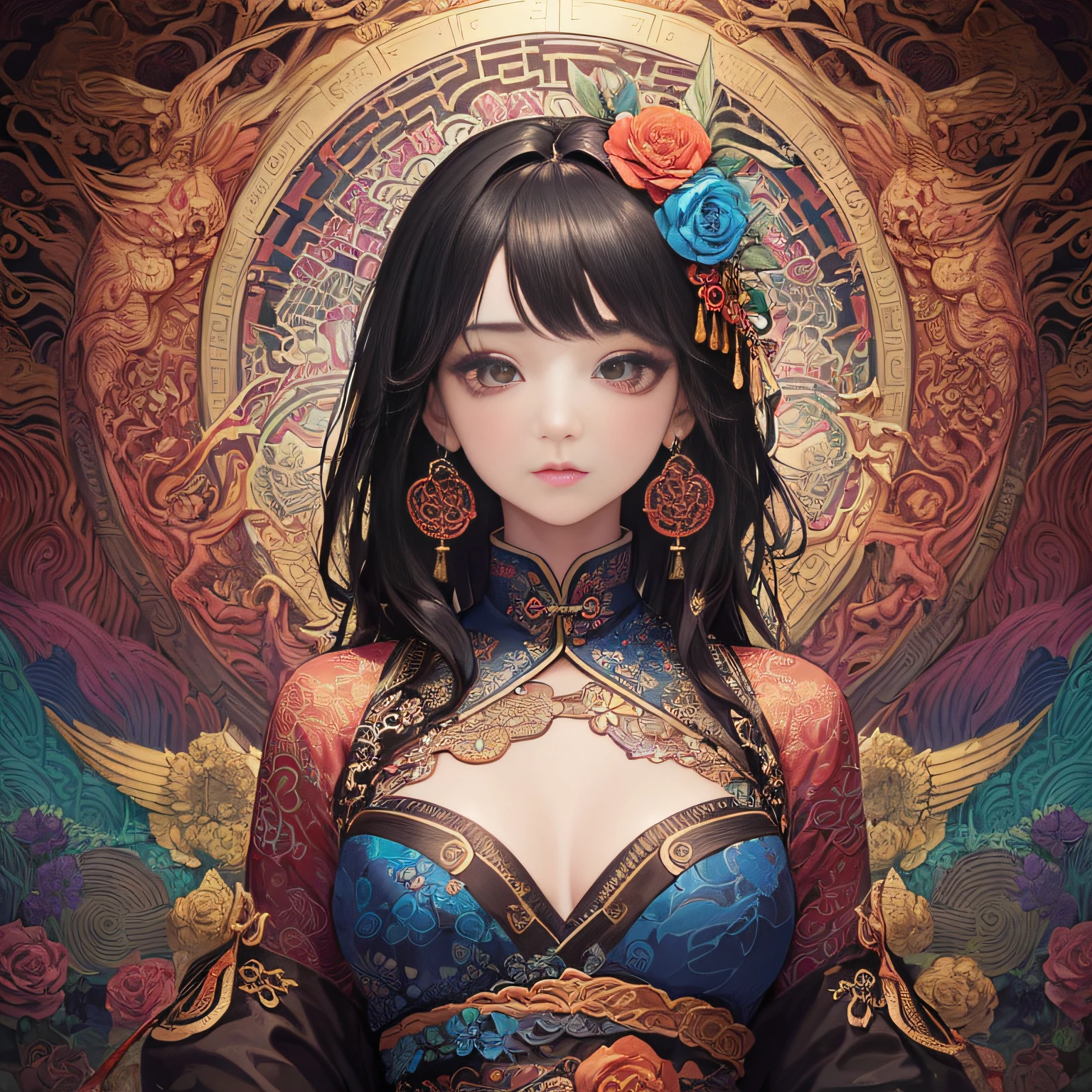 (masterpiece, top quality, best quality, official art, beautiful and aesthetic:1.2), (1girl:1.3), extremely detailed,(fractal art:1.1),(colorful:1.1)(flowers:1.3),highest detailed,(zentangle:1.2), (dynamic pose), (abstract background:1.3), (chinese Traditional cloth:1.2), (shiny skin), (many colors:1.4), ,(earrings:1.4), --auto