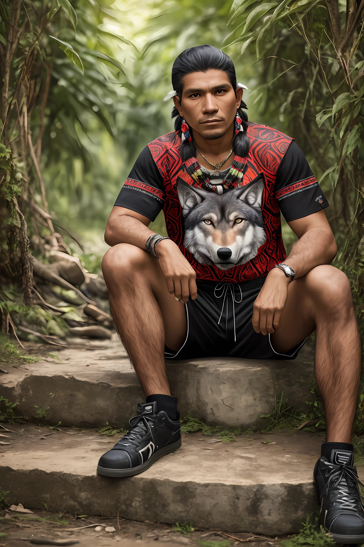 8k, portrait of a native amerindian man from Brazil, 27 years old, with using a wolf print shirt and black shorts --auto --s2