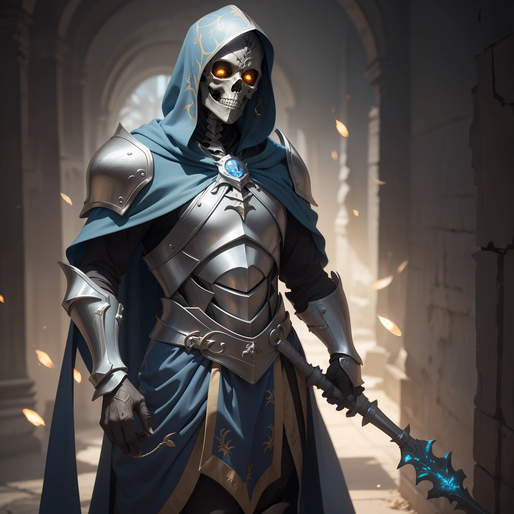 A skeleton wearing a blue cape and gorgeous detailed silver armor exuding light blue luster, eye socket’s glowing yellow, a knight, 8K, masterpiece, high definition, highly detailed, medieval fantasy environment, raytracing, particle effects, photorealistic, realistic textures