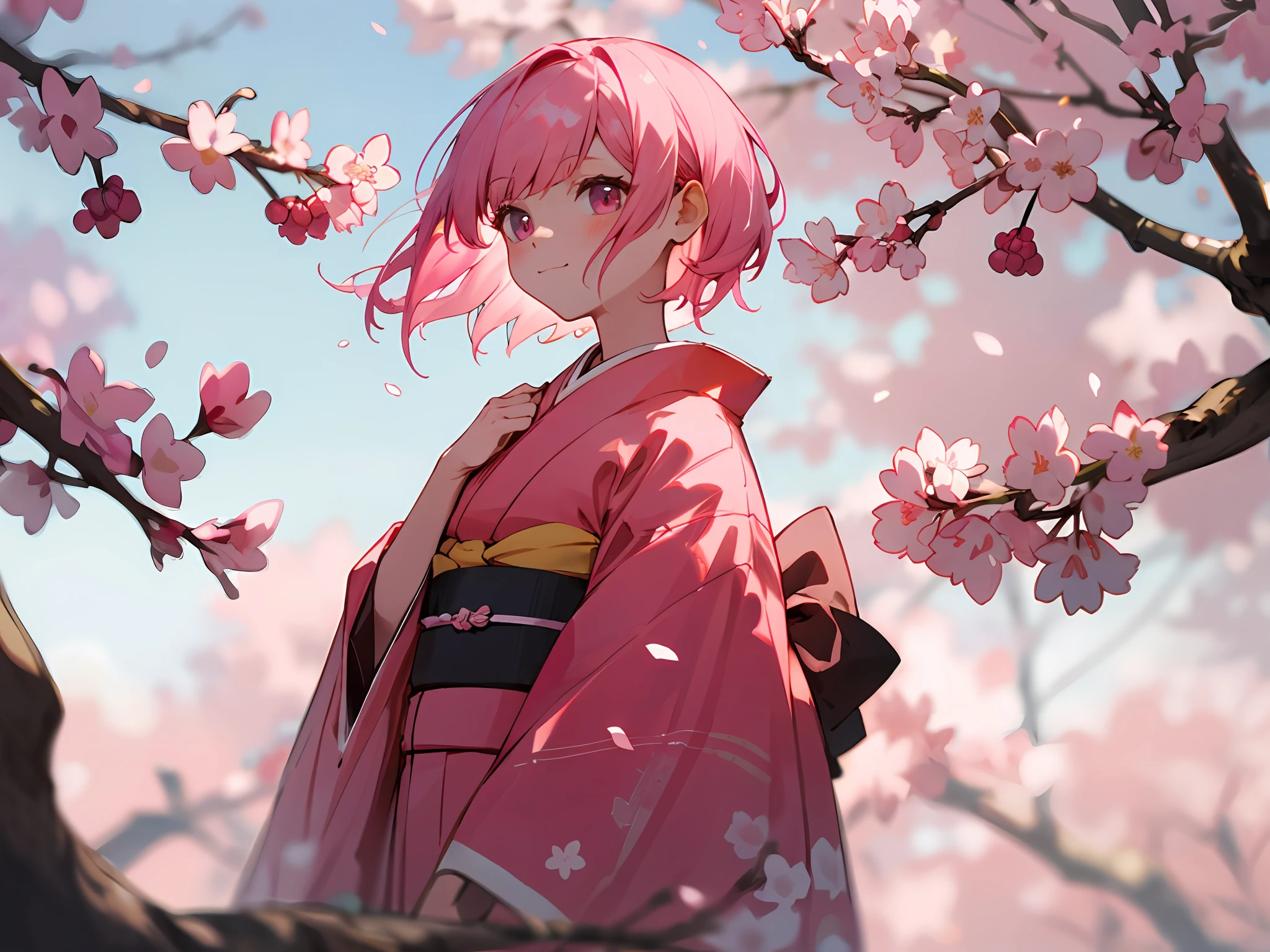 ung woman, pink hair, kimono, cherry blossom, short hair, big,