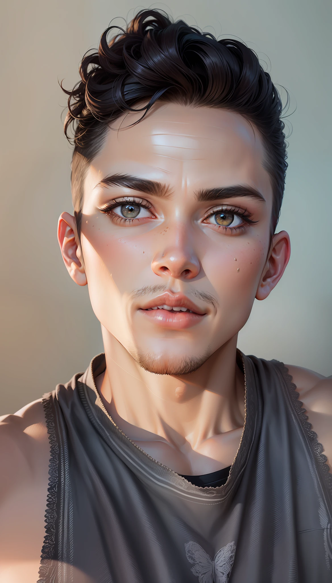 Incredibly attractive boy, black dark eyes, beautiful look, muscular, sharp portrait, walking near the river, no clothes, no shirt, with short black haircut, black color eyes, muscular body, slim body, medium waist, beautiful character portrait, dark fantasy, office, perfect picture, detailed, realistic face, digital portrait, intricate details, manga character, nice, artstation, hd,  octane render, beautiful, realistic and natural landscape, detailed colorful, nature, HD photography, perfect composition, brightness, hyper-realism, manga drawing, stylish, perfect and complete body