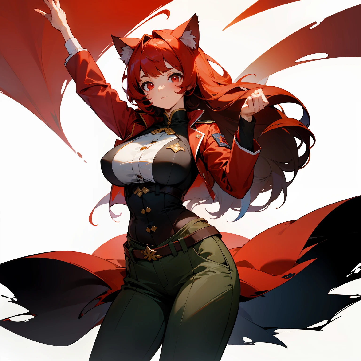 ((MasterPiece))、(((The Highest Quality))、An illustration、One Girl、Hair color、bangs、Hairstyle Fax、eye、Environmental Change Scene、Portrait from the waist up、Pose Jitai、Ladies、Cat Ear、Red hair、Red eyes、slong hair、Extremely big-sized breasts、half pants、Upright posture、Torn Clothes、Military jacket、Raise your hand、(simplebackground、white background:1.3)
