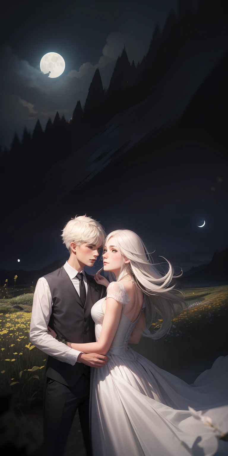 realistic, couple,1girl, 1boy, passionate look, embraced, cliff, field, flowers, moon, moonlight, reflection, romantic, dress, social clothing, love, romance, white haired man, brunette woman