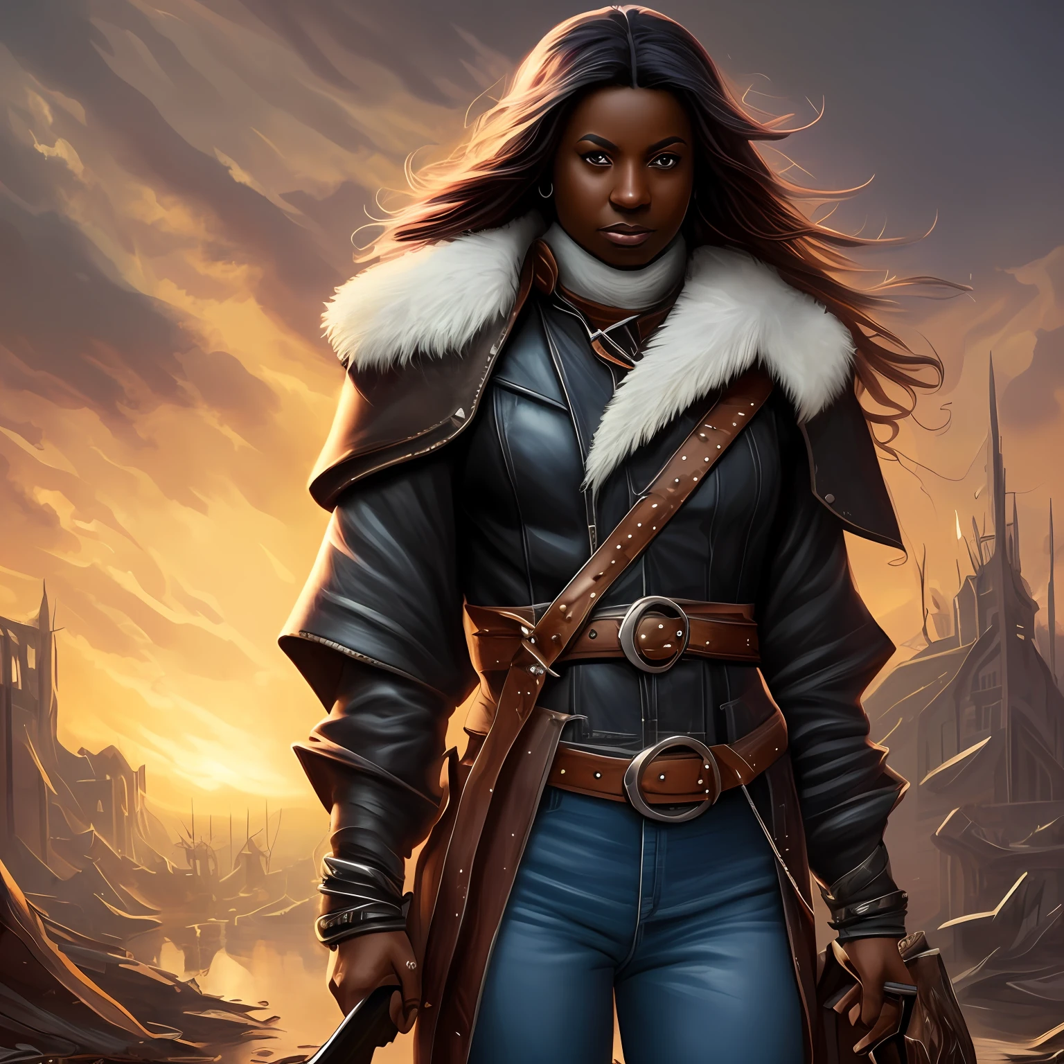 Beautiful (((dark skinned Ebony treasure hunter))), buxom, wearing leather jacket with fur collar, gun belt, thigh high boots, denim jeans with rips, desolate ruins in the background, in the style of Artgerm and Greg Rutkowski, volumetric lighting, sharp focus, perfect face, holding a machete (best quality), (masterpiece), (highres), original, extremely detailed 8K wallpaper, (an extremely delicate)