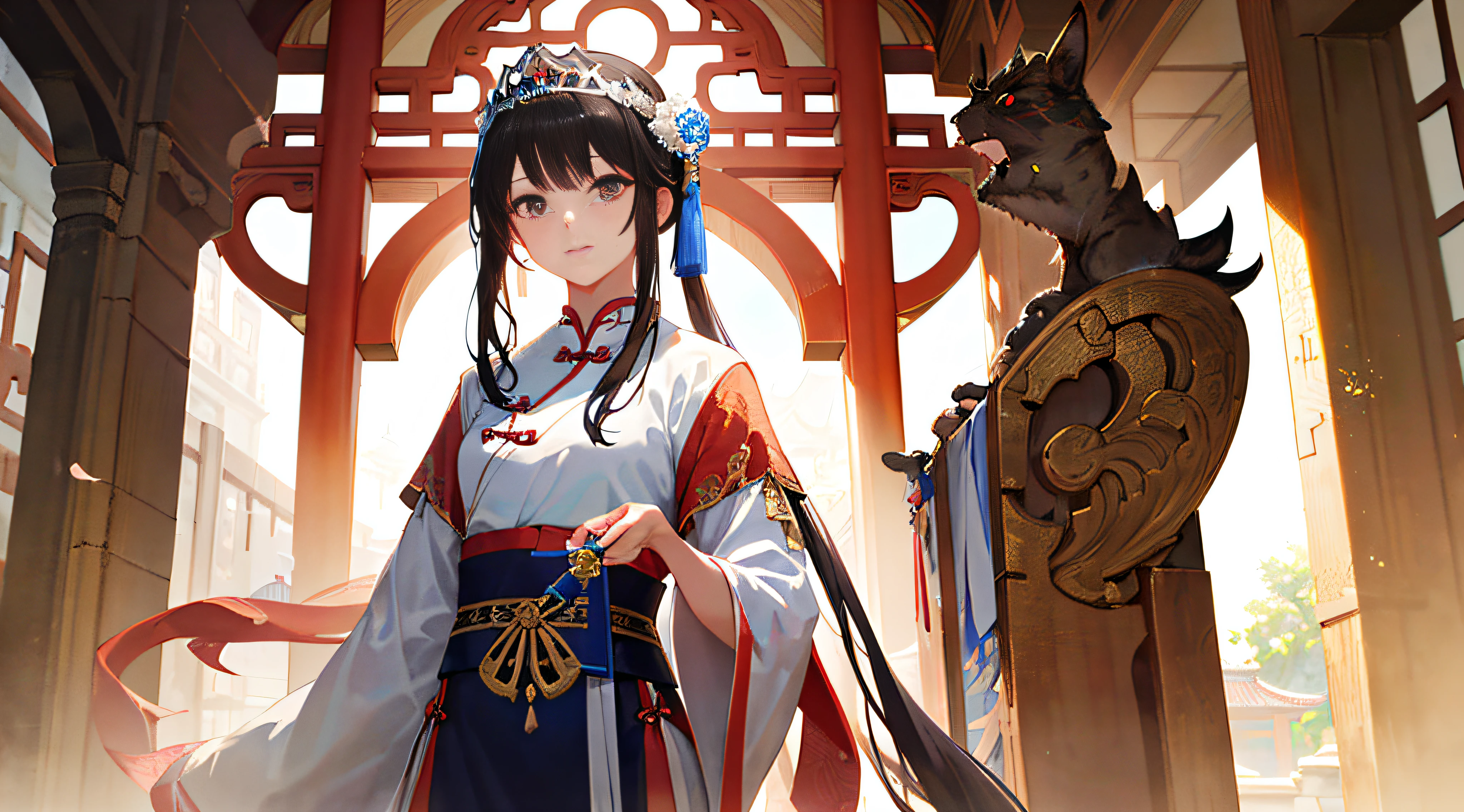 a girl, ancient chinese clothing, sunlight, clear face and tiara, clean white background, masterpiece, super detail, epic composition, ultra hd, high quality, extremely detailed, official art, uniform 8k wallpaper, super detail, 32k -- v 6, ancient Chinese architecture