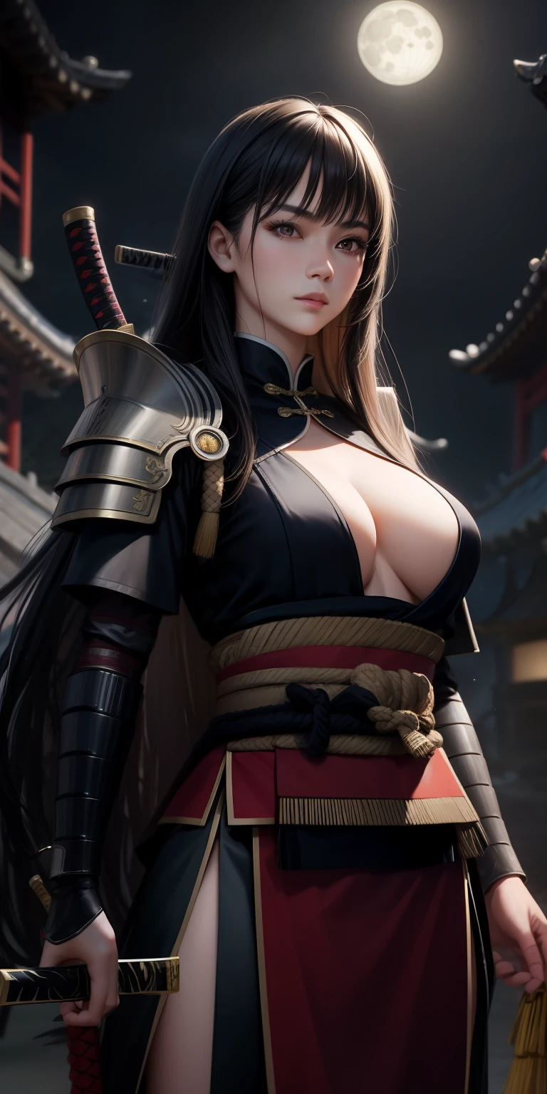 realistic. perfection, 1girl, long hair, black hair, red eyes, army pose, posture, confident look, chinese armor, samurai, swordsman, full breasts, katana, moonlight, chinese empire