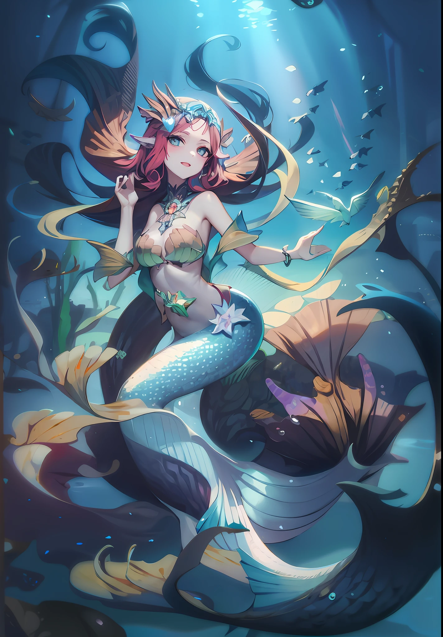 A beautiful mermaid playing leisurely at the bottom of the sea. Game illustration style