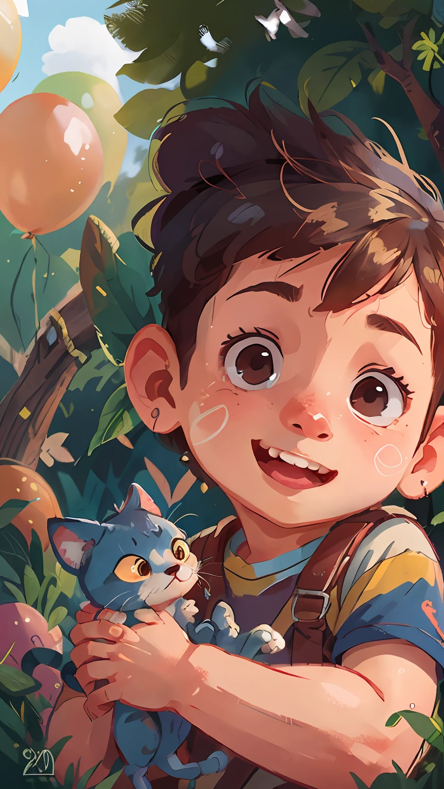A boy, zoo, holding a cat, many balloons, happy, happy, perfect quality, clear focus (clutter-home: 0.8), (masterpiece: 1.2) (realistic: 1.2) (bokeh) (best quality) (detailed skin: 1.3) (intricate details) (8K) (detail eyes) (sharp focus), (happy)