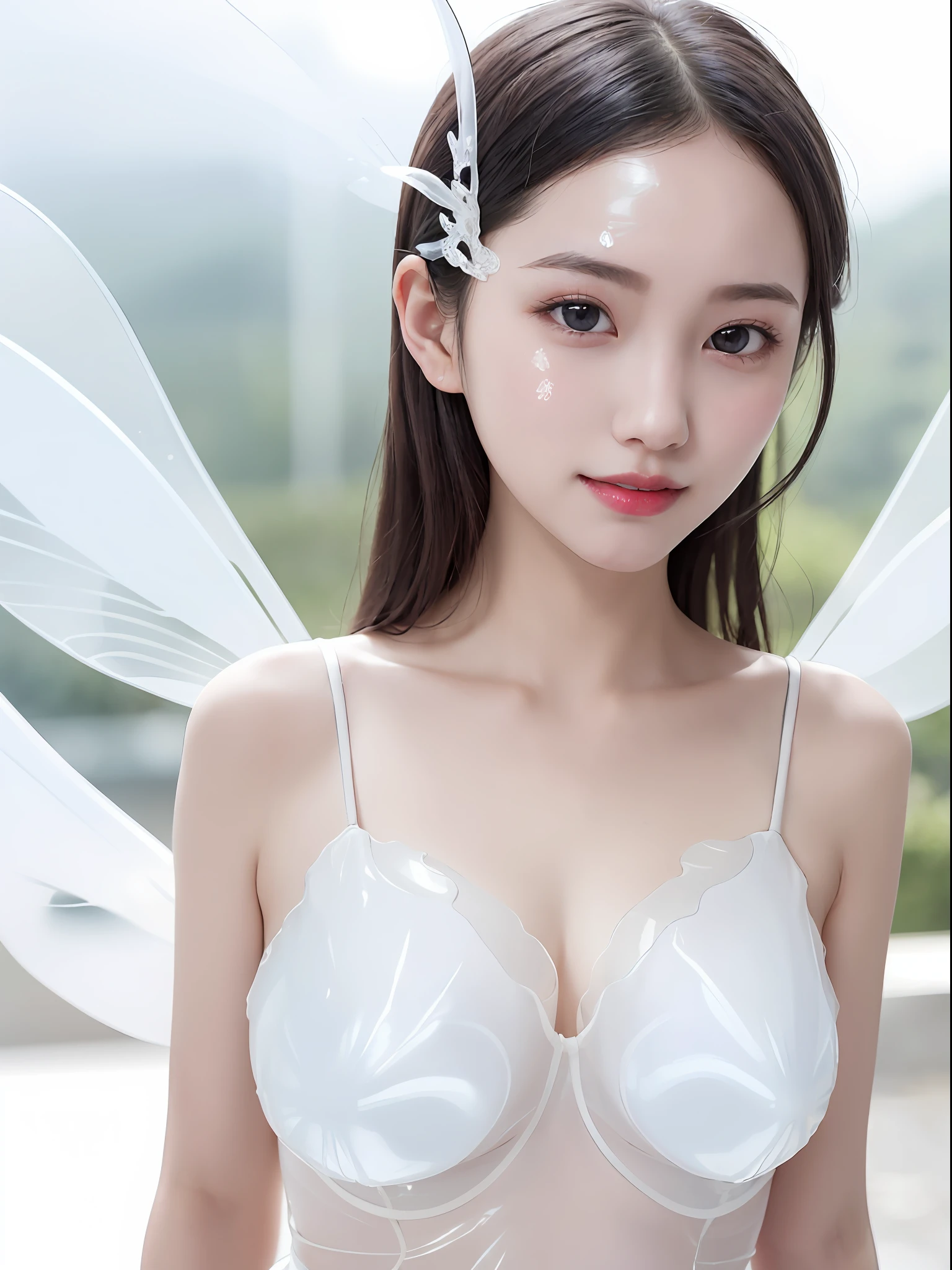 Fairiy with a Japanese face,outdoor,at summit of Alps,1girl, ((best quality)), ((masterpiece)), (detailed), realistic, photo, ethereal beauty,cute,(black hair:1.2), (black eyes:1.2),Light colored dress,(transparent fairy wings:1.2), exquisite and beautiful face, exquisite collarbone, seductive and delicate collarbone, charming fragrant shoulders, shoulders slightly exposed,peach Red lips,(smile:1.2),beautiful tit,belly button,(pale snow white skin:1.0), (pale milky white porcelain skin:1.0), (smooth translucent white skin:1.6)