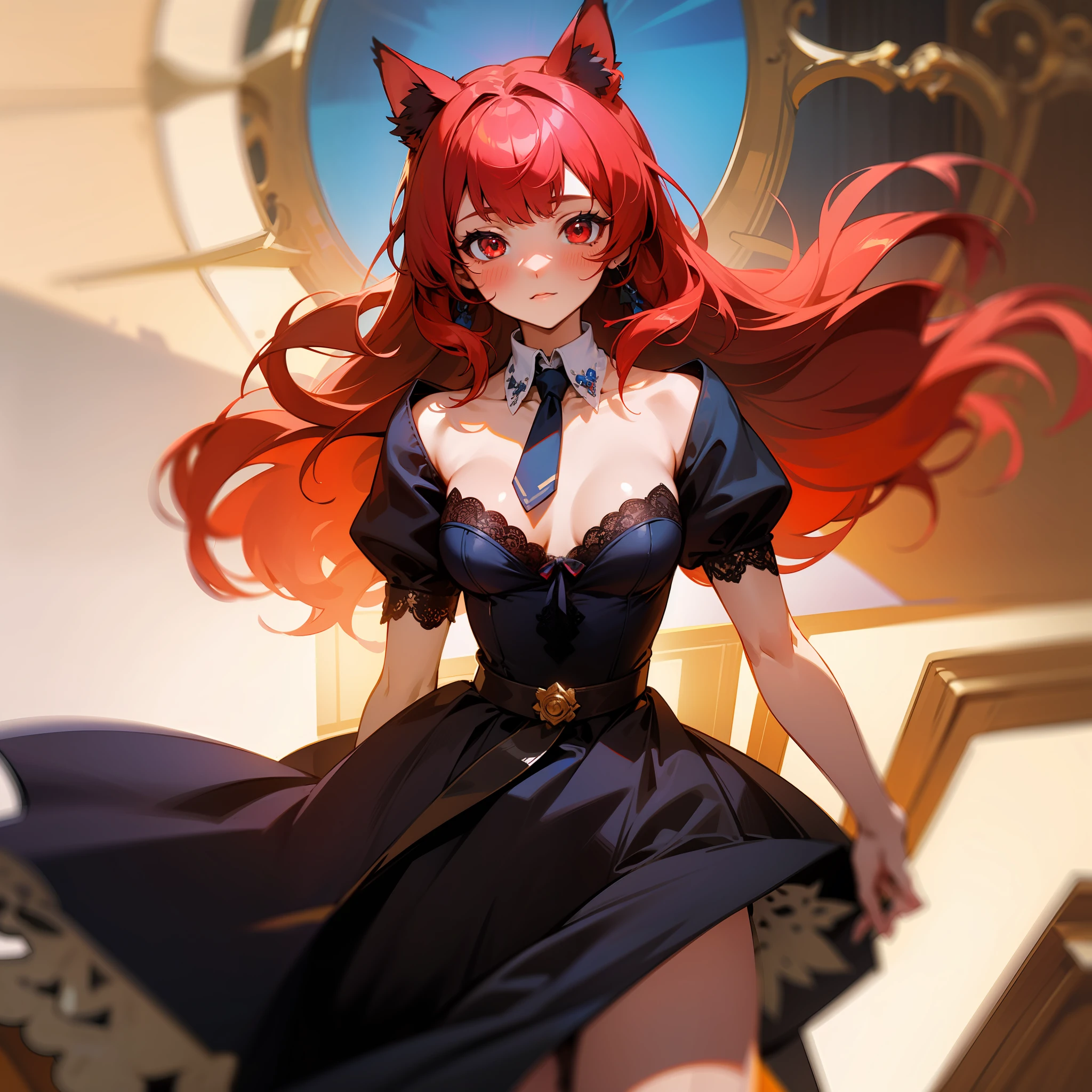 ((Masterpiece)), ((highest quality)), illustration, one girl, hair color, bangs, hairstyle fax, eyes, environmental change scene, portrait from waist up, pose tie, ladies, cat ears, red hair, red eyes, waist-length long hair, very small breasts, lace decoration underwear, figure reading, blue bell line dress, chest open, black underwear, thin glasses, library, secretary, blushing cheeks, Wedding Bouquet