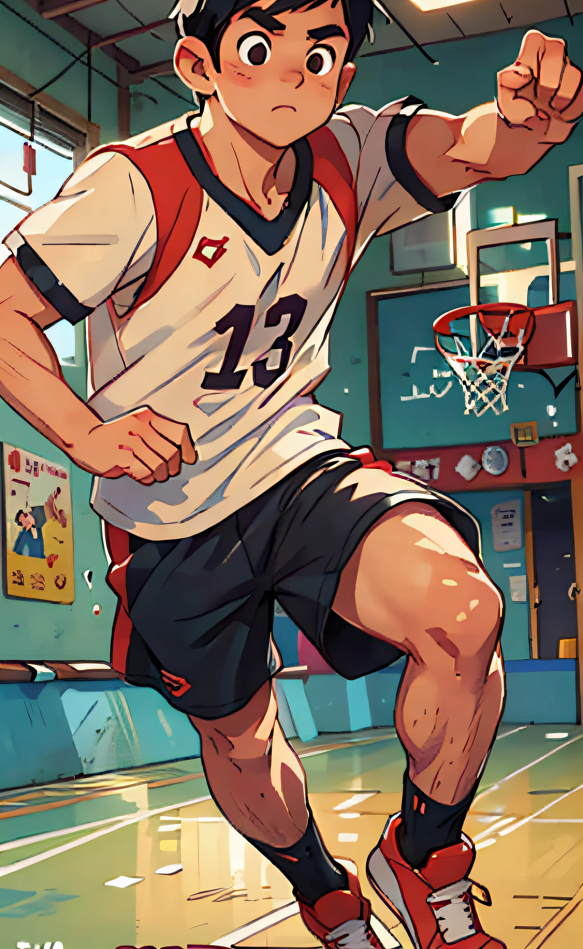 Illustration, First Person View, f/1.2, Retina, Ultra HD, High Quality, Best Quality , a boy wearing shorts and short sleeves, white socks, playing basketball on basketball court, speed, black hair, big eyes, round face, black eyes, shyness