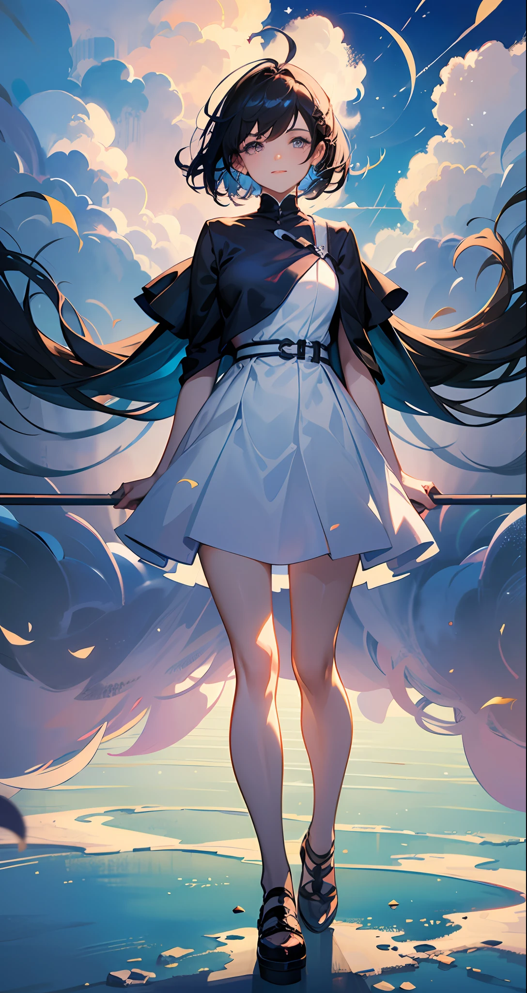 Masterpiece, Best Quality, Film Stills, 1Girl, Floating in the Sky, Cloud Girl, Clouds, (Close-up: 1.1), Bright, Happy, Funny, Soft Lighting, (Bauhaus, Shapes, Lines, Abstract: 1.1), Full Body Shot, Full Body Portrait, Slender Beautiful Legs