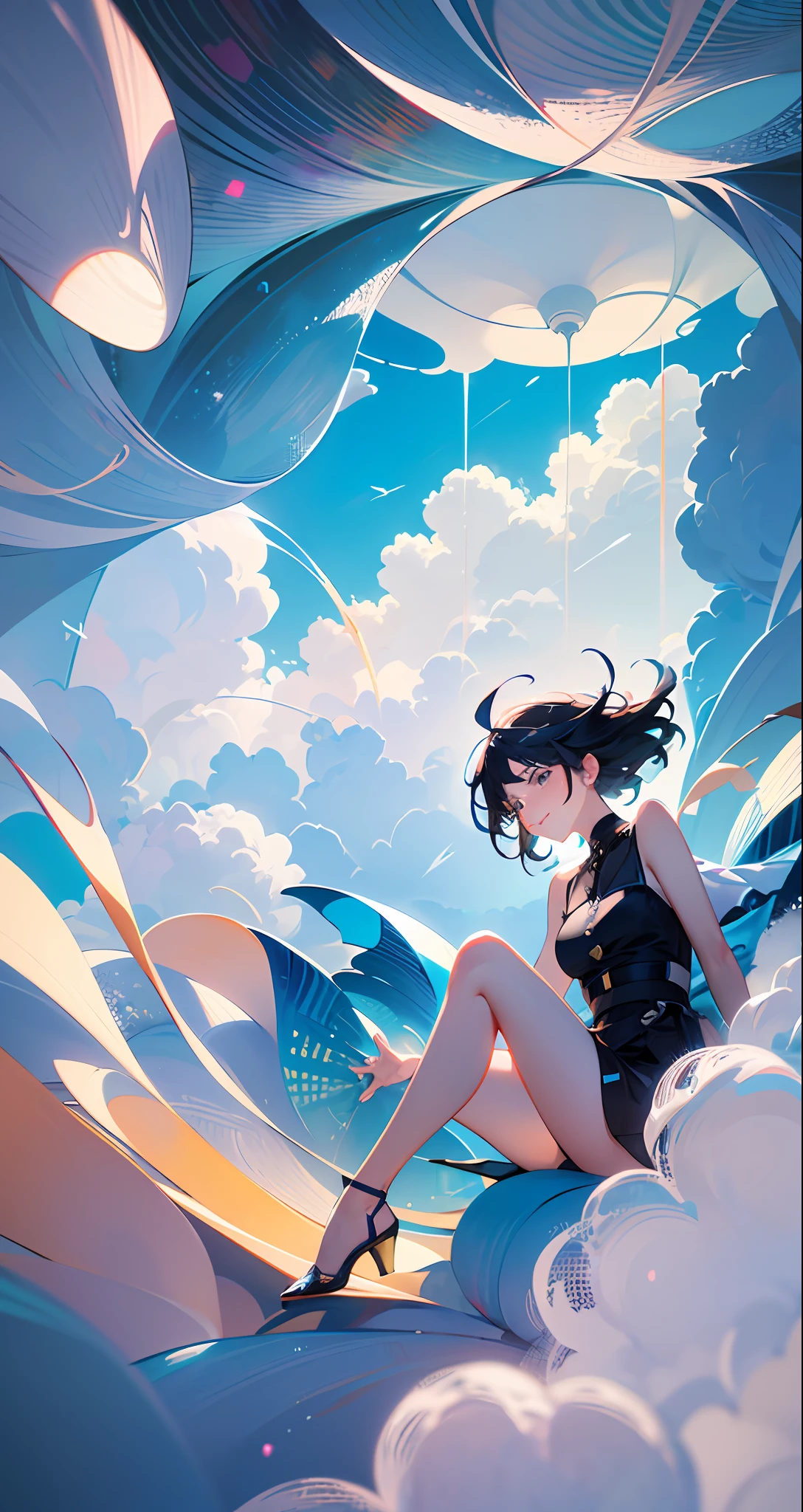 Masterpiece, Best Quality, Film Stills, 1Girl, Floating in the Sky, Cloud Girl, Clouds, (Close-up: 1.1), Bright, Happy, Funny, Soft Lighting, (Bauhaus, Shapes, Lines, Abstract: 1.1), Full Body Shot, Full Body Portrait, Slender Beautiful Legs