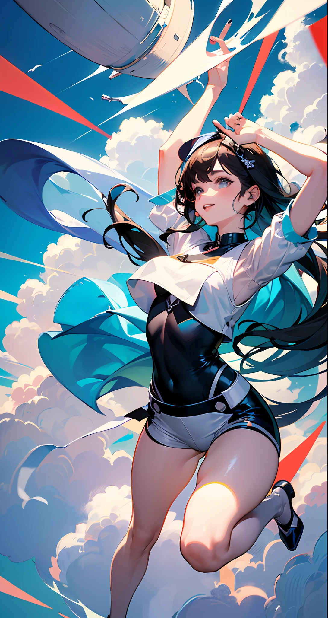 Masterpiece, Best Quality, Film Stills, 1Girl, Floating in the Sky, Cloud Girl, Clouds, (Close-up: 1.1), Bright, Happy, Funny, Soft Lighting, (Bauhaus, Shapes, Lines, Abstract: 1.1), Full Body Shot, Full Body Portrait, Slender Beautiful Legs