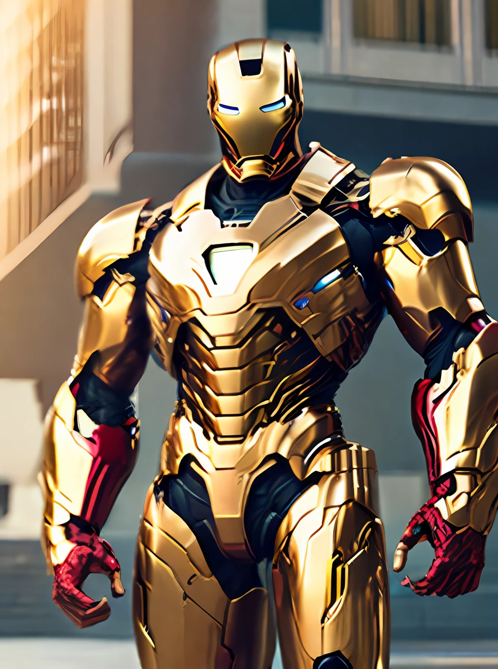 Photo of Gold ironman from Marvel standing outside the city, rtx, octane, unreal