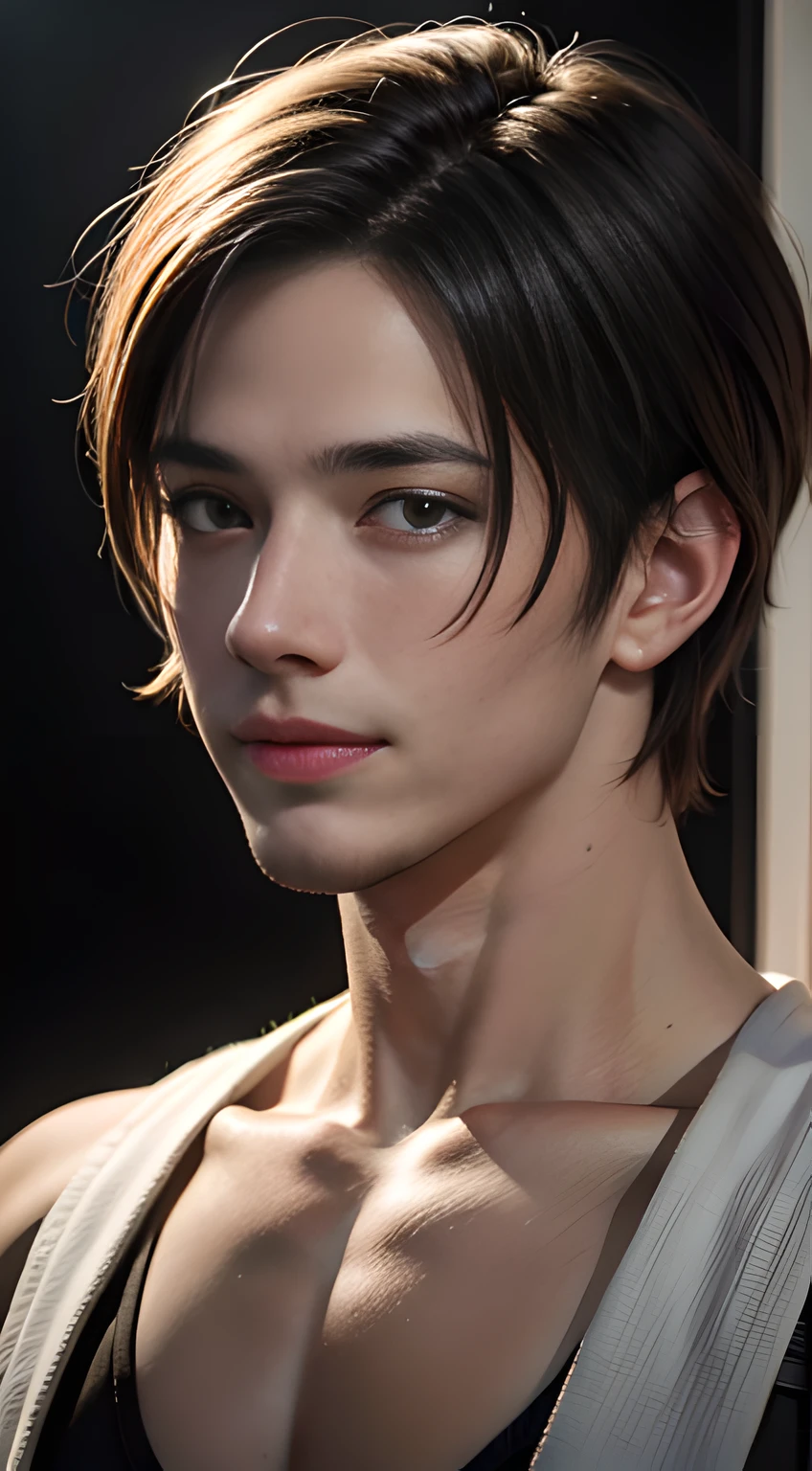 handsome muscular man who looks like Leon kennedy of Resident Evil, mischievous smile, (small details: 1 in 1), natural muscles, higher quality, beautiful eye, (Detailed face and eyes), (face、: 1 of 2), noise, real pictures、... ...PSD, Sharp Focus, High Resolution 8k, Real & Professional Photography, 8K UHD, Soft Lighting, High Quality, Film Grain, FUJIFILM XT3