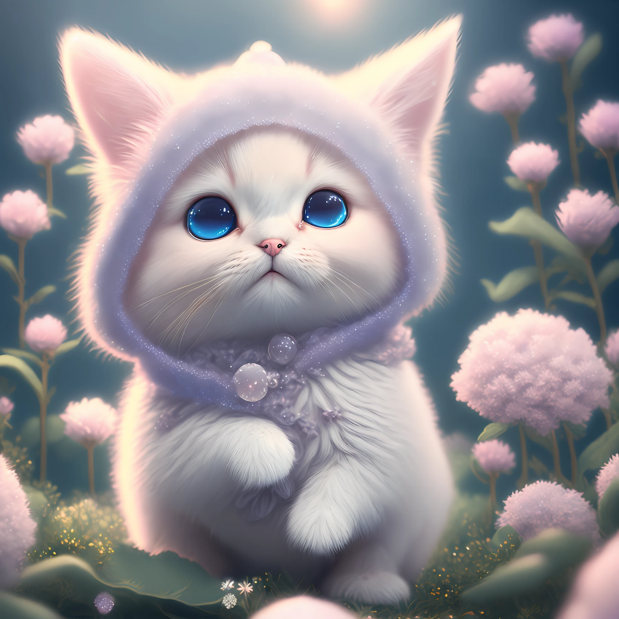 In this super detailed CG art, cute kitten surrounded by ethereal flowers, laughter, best quality, high resolution, intricate details, 8k, jewel-like eyes, fantasy, cute animals, purple, funny, on the left!! Mouth!!! Laugh!!! --auto