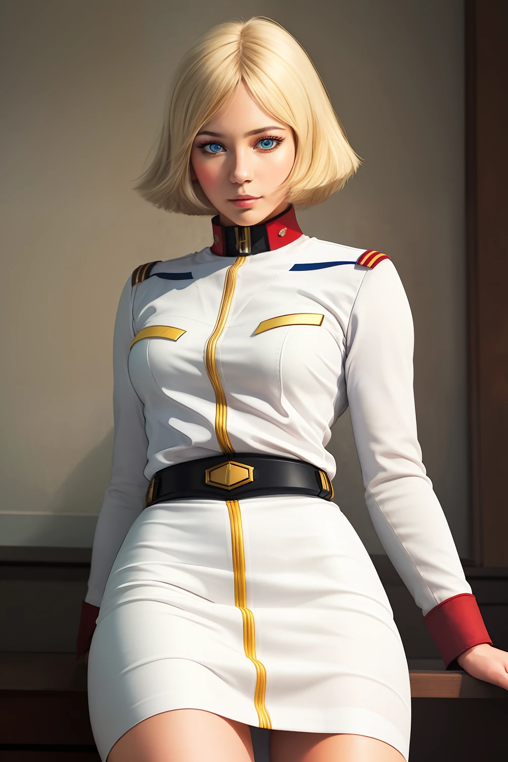 1girl, sayla mass, elegant, masterpiece, intricate, realistic, best quality, absurdres, high face detail, perfect eyes, 18 years old, cowboy shot, illustration, vibrant colors, white uniform, skirt