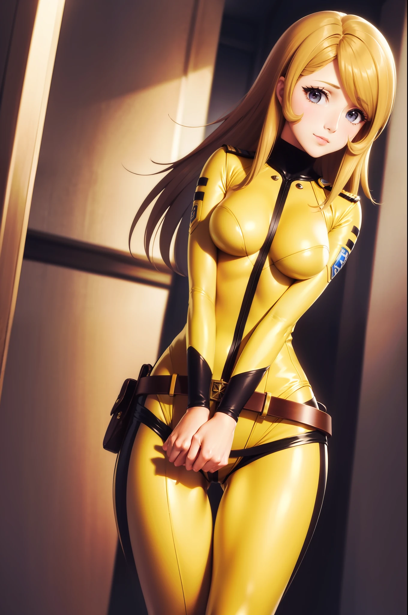 (masterpiece, best quality:1.2), cowboy shot, solo, 1girl, mori yuki, slight smile, closed mouth, looking at viewer, blonde hair, thigh gap, yellow bodysuit, skin tight, belt, starship interior