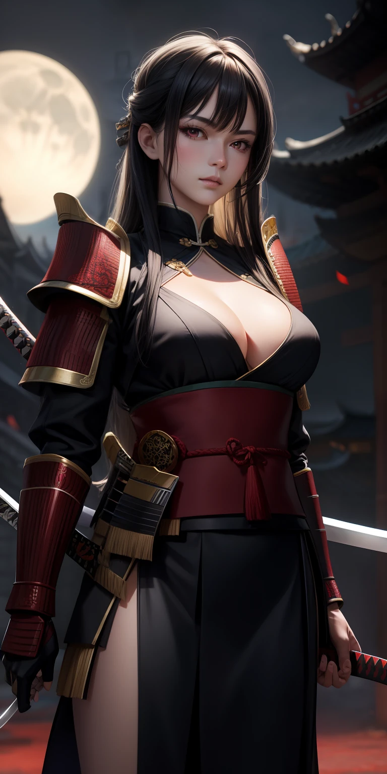 realistic. perfection, 1girl, long hair, black hair, red eyes, army pose, posture, confident look, chinese armor, samurai, swordsman, full , katana, moonlight, chinese empire