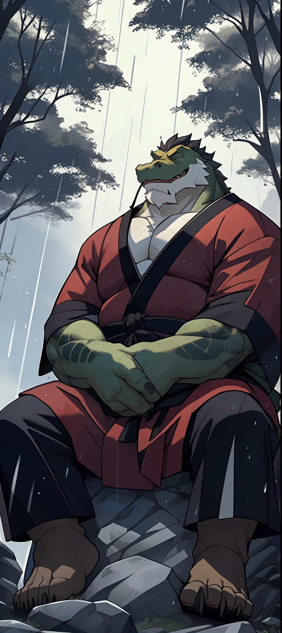 anthro, male, old chubby alligator, Old man, detailed eyes, detailed clothing, big fat. overweight, white beard, Samurai clothes, eyes open, forest background, raining, sitting meditation on big rock (wild_long_Beard), (mustache), pov Faraway view,