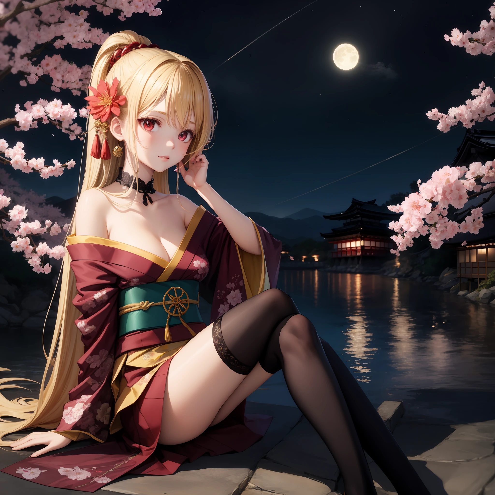 anime, one girl, blonde, hair is tying up, red eyes, kyoto, moon, cherry blossoms, kimono, off-shoulder, sitting, solo, flower hair ornament