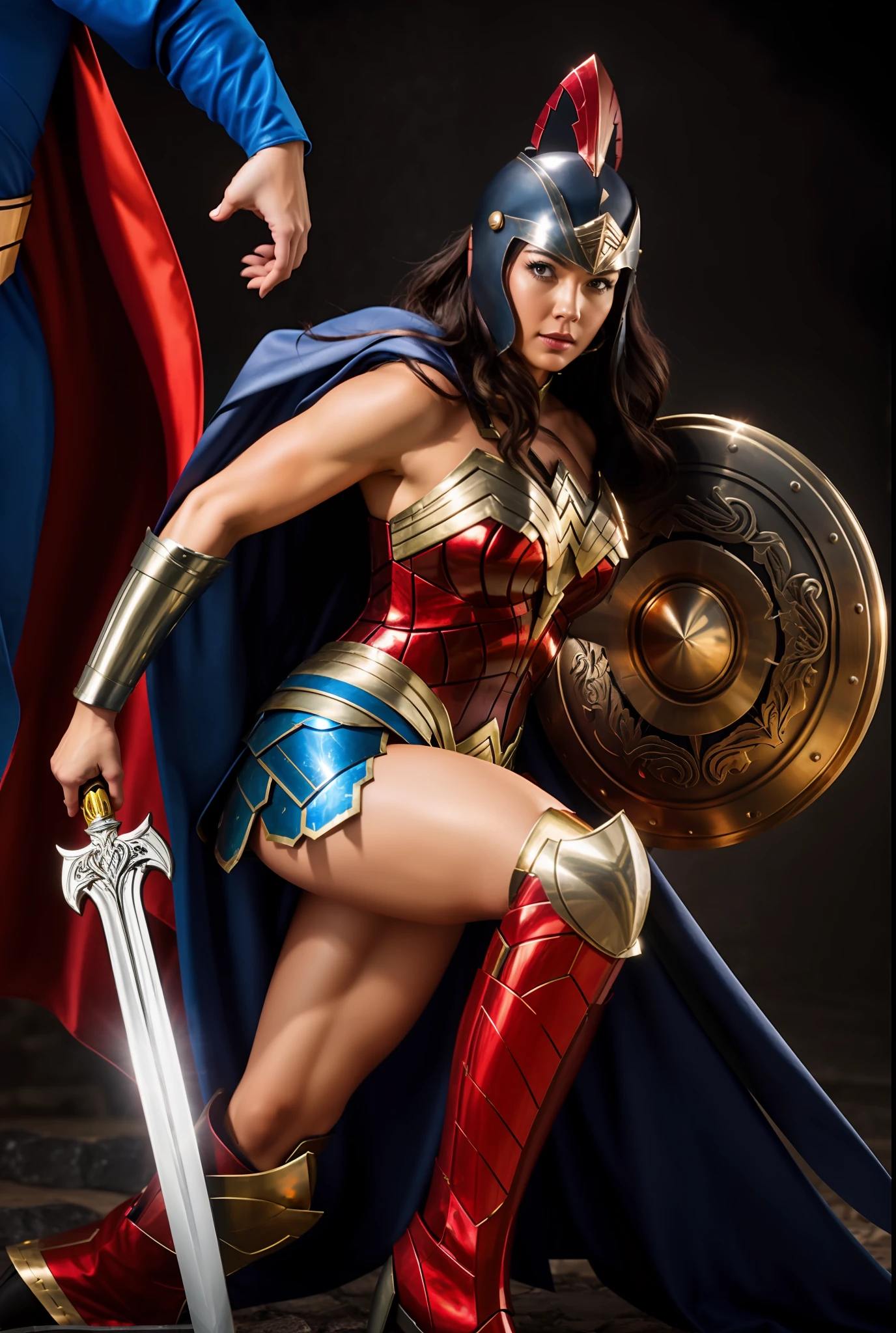 4K, Wonder Woman, muscular body, metal armor, gladiator helmet, blue cape, holding shield and sword.