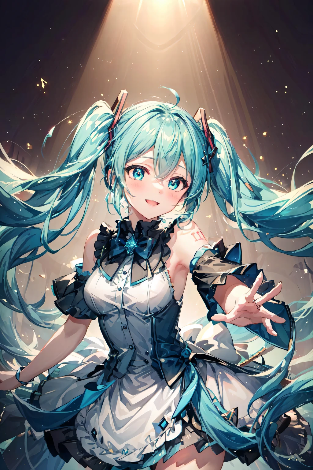 masterpiece, best quality, ultra-detailed, illustration, an extremely delicate and beautiful,
1girl, solo, light smile,
Hatsune Miku,twintails,(live stage), Particles of Light,