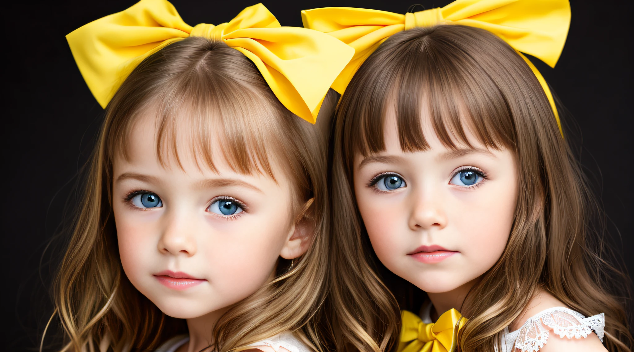 Russian style, girl children, photo studio white infinite background, close-up, bust, portrait, long blonde hair WITH TRACES and giant YELLOW bow on head