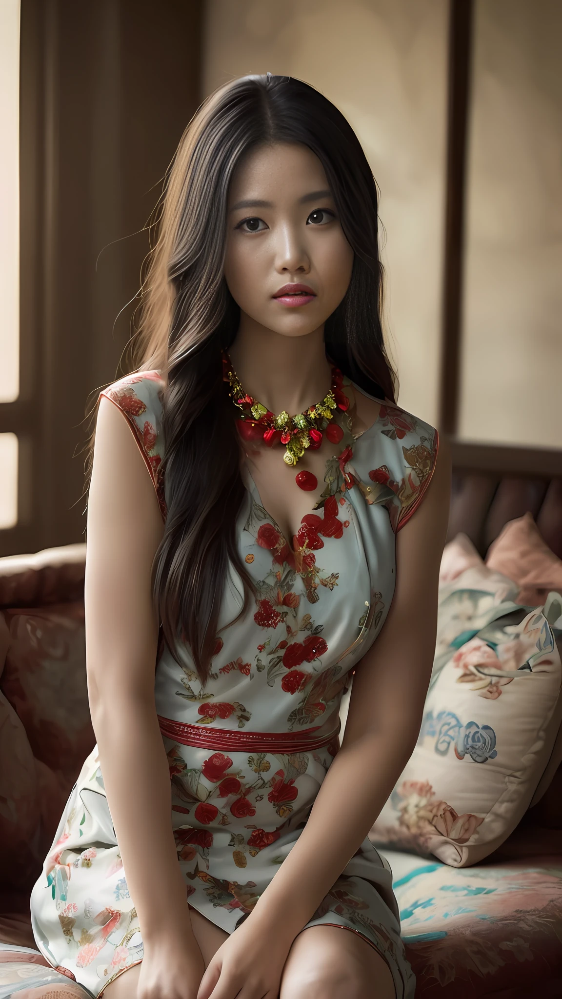 ,1girl, solo, chinese girl, realistic, photography, photorealistic, looking at viewer, blurry background, black hair, necklace, solo focus, long hair, china dress, indoor, living room, cinematic lighting, depth of field ,
