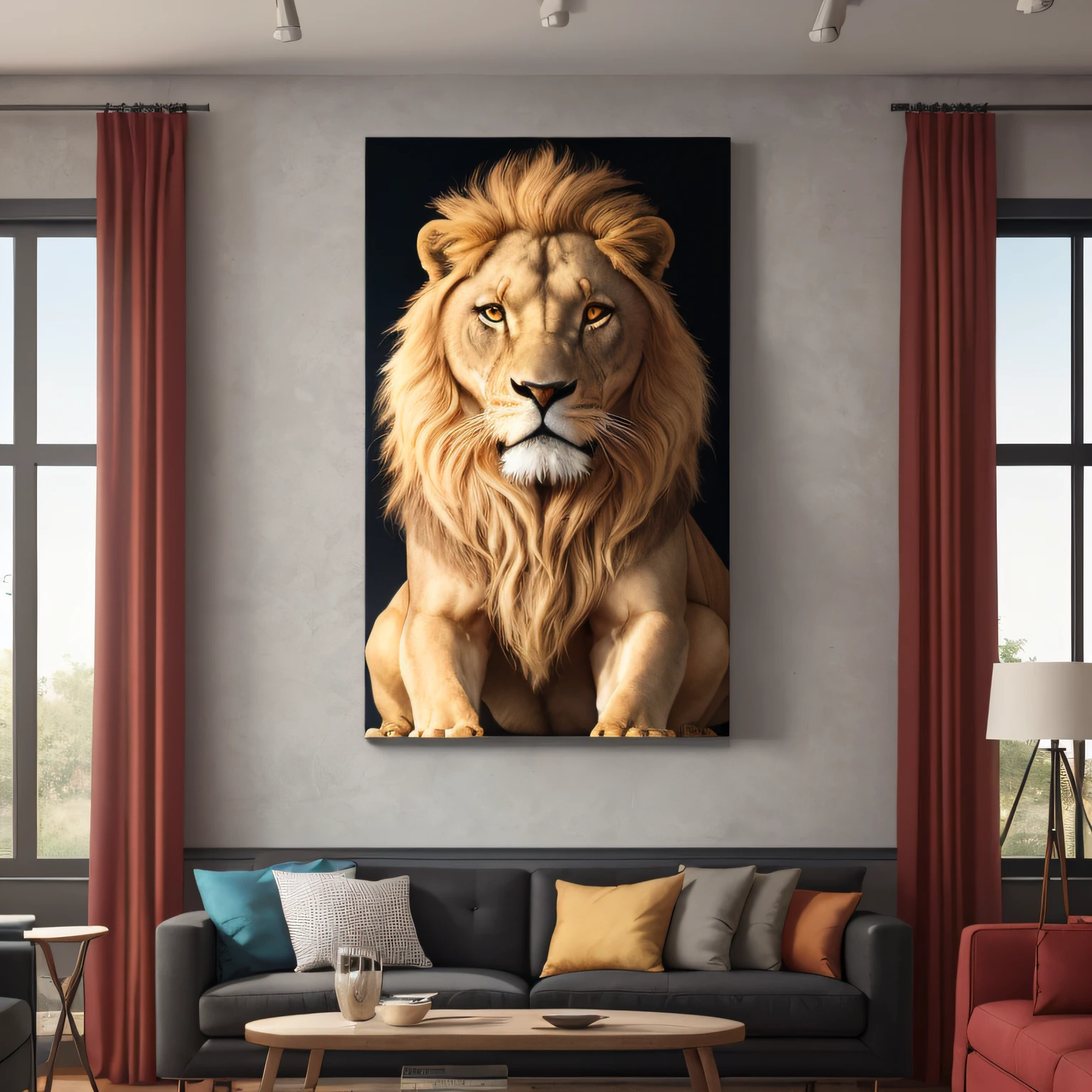 there is an image of a lion sitting on a wall, printing art on canvas, placed in a living room, displayed on the walls, very high quality art, 4k product photo, high quality glossy art, high resolution printing, large format photography, 4k painting photography, highly detailed 8k art, placed in a large living room,  large format image, realistic image --auto