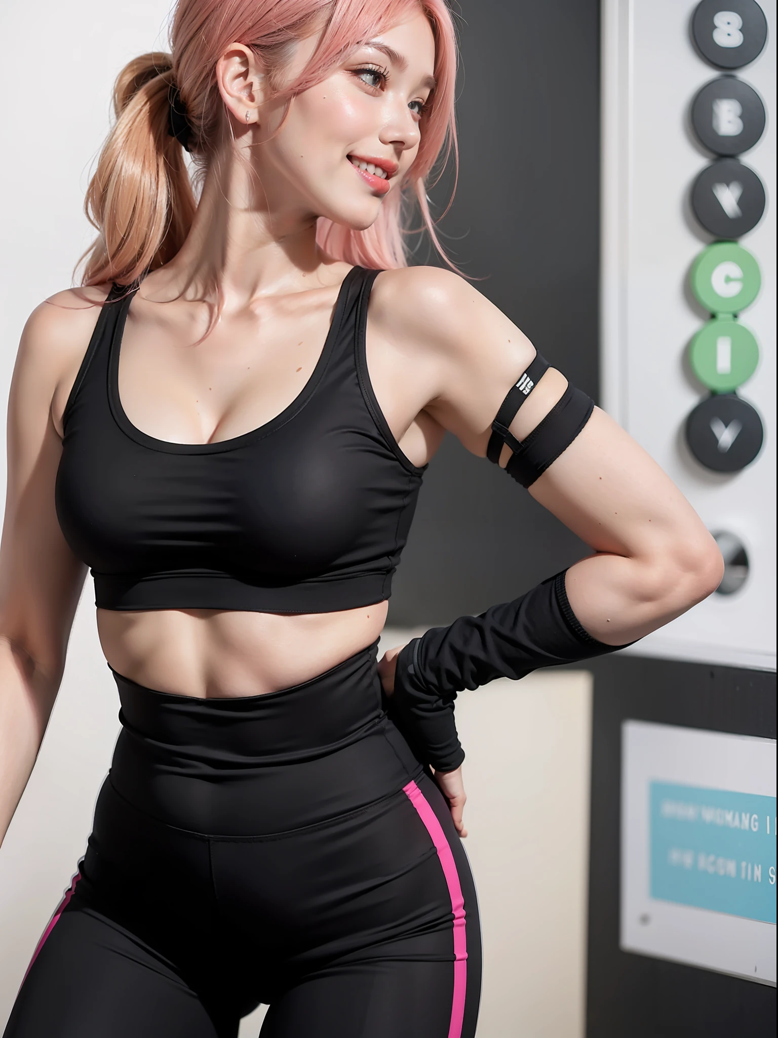 raw photo,best quality, photorealistic,a girl,D size cup,smile,ash blonde or ginger or pink hair, black comfortable yoga pants, black high-waisted leggings made from a breathable and moisture-wicking fabric,supportive and comfortable sports black bra,accessories like a lightweight scarf headband or wristband,