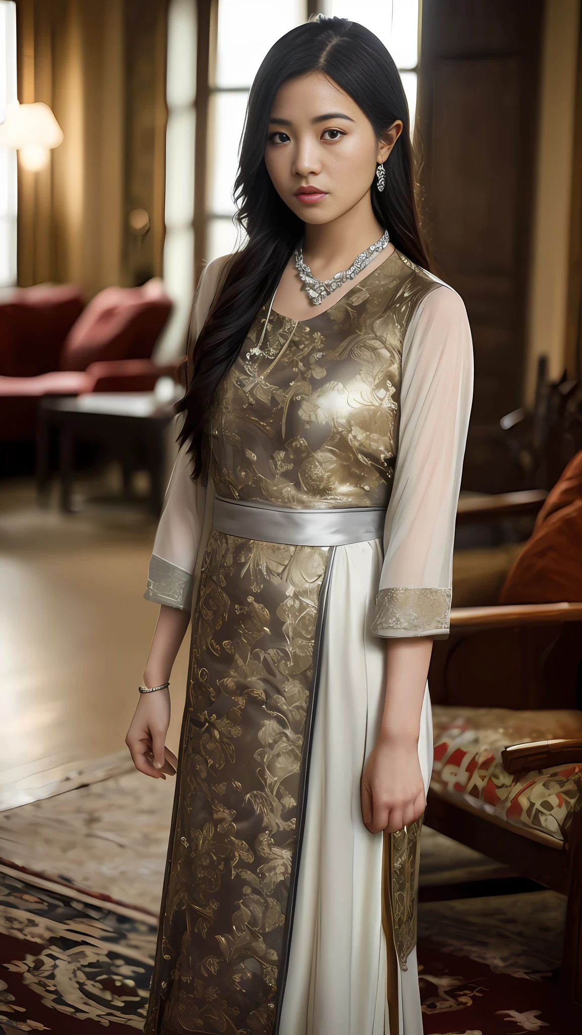,1girl, solo, chinese girl, realistic, photography, photorealistic, looking at viewer, blurry background, black hair, necklace, solo focus, long hair, china dress, indoor, living room, cinematic lighting, depth of field ,
