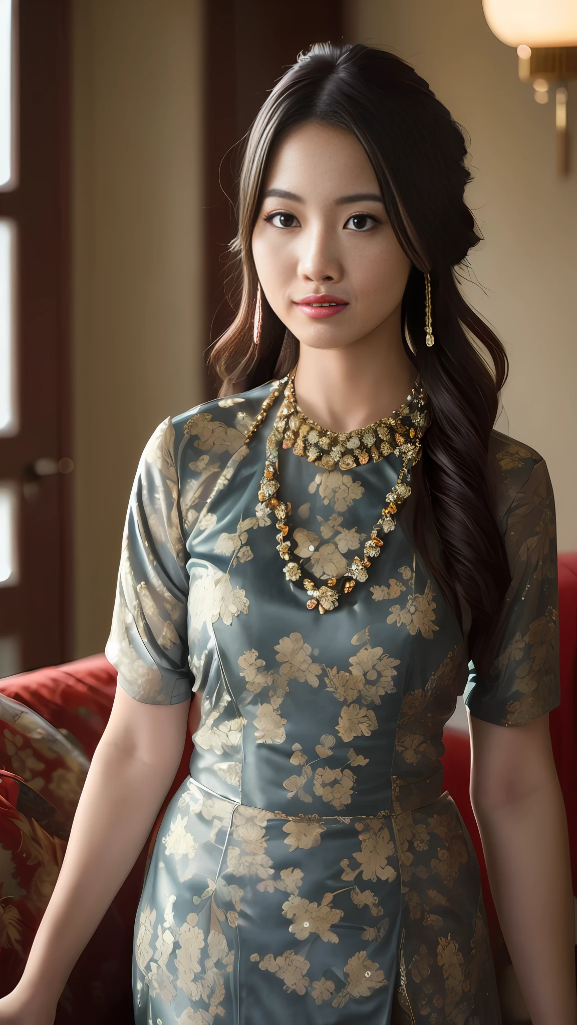 ,1girl, solo, chinese girl, realistic, photography, photorealistic, looking at viewer, blurry background, black hair, necklace, solo focus, long hair, china dress, indoor, living room, cinematic lighting, depth of field ，