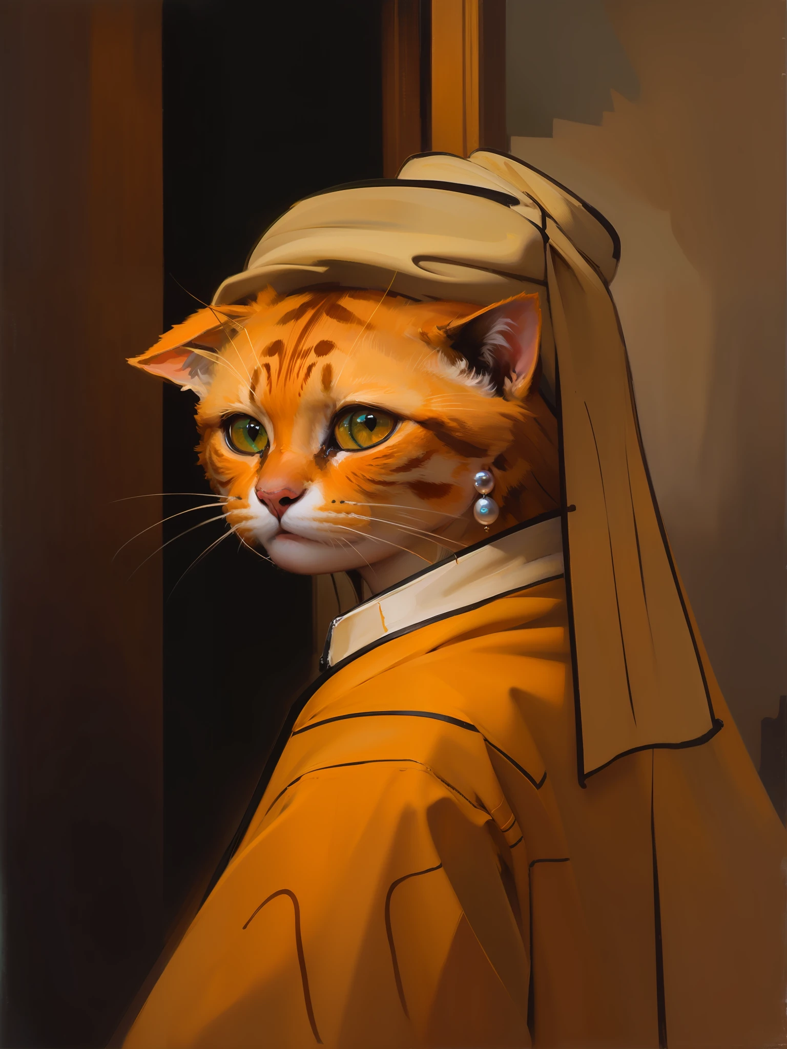 Masterpiece, highest quality, HD, 8k, oil painting by Johannes Vermeer, "Maiden with Pearl Earrings", detailed details, detailed facial features, (orange cat face: 1.2), earrings with pearls