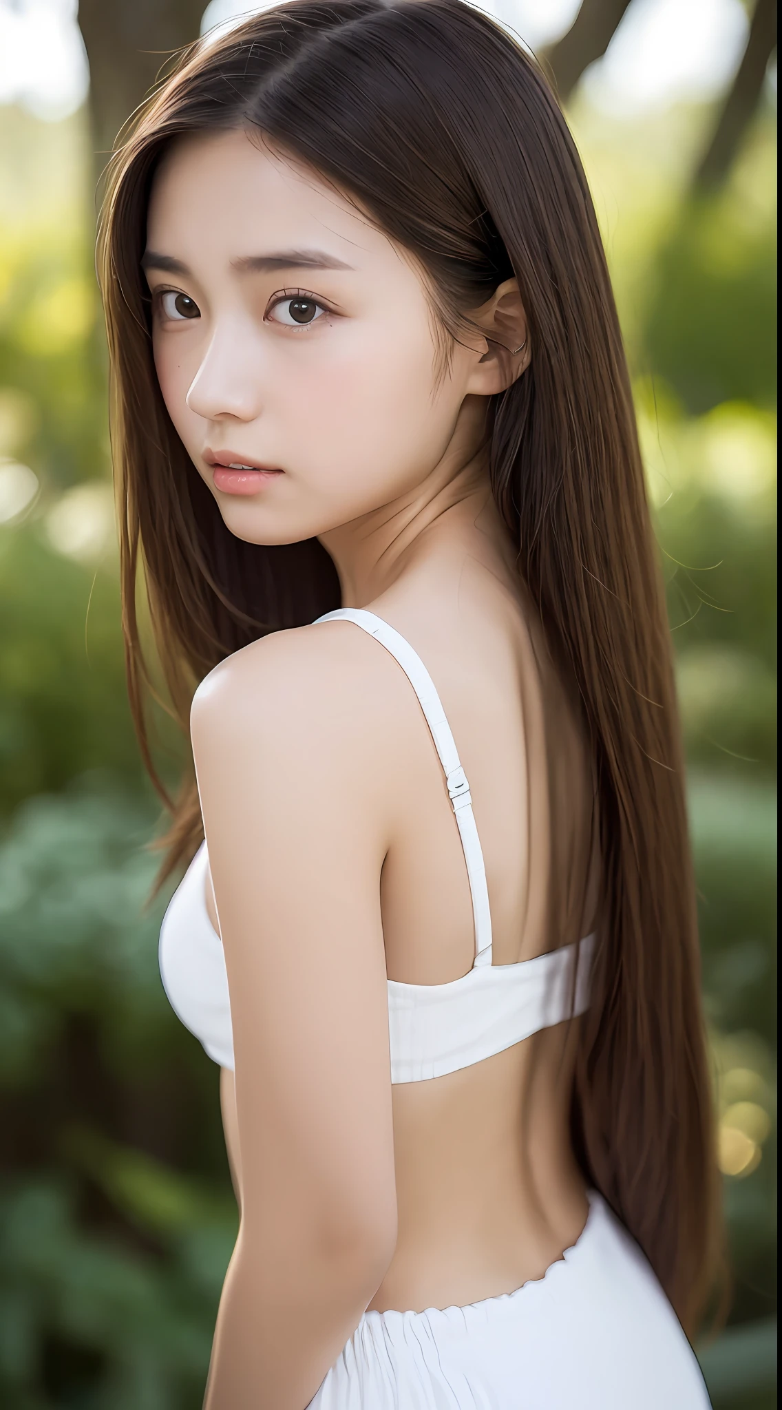 Best quality, realistic, perfect human body structure, very detailed, very delicate and beautiful, RAW photos, flower garden, professional lighting, face lighting, depth of field, single focal, overall photo, 13 year old woman, brown hair, brown eyes, small head, ((big)), baby face, fashion girl, beautiful eyes, bare face, realistic skin, realistic face, realistic skin, detailed eyes, (half up: 1.3), Sexy posing, middle school student