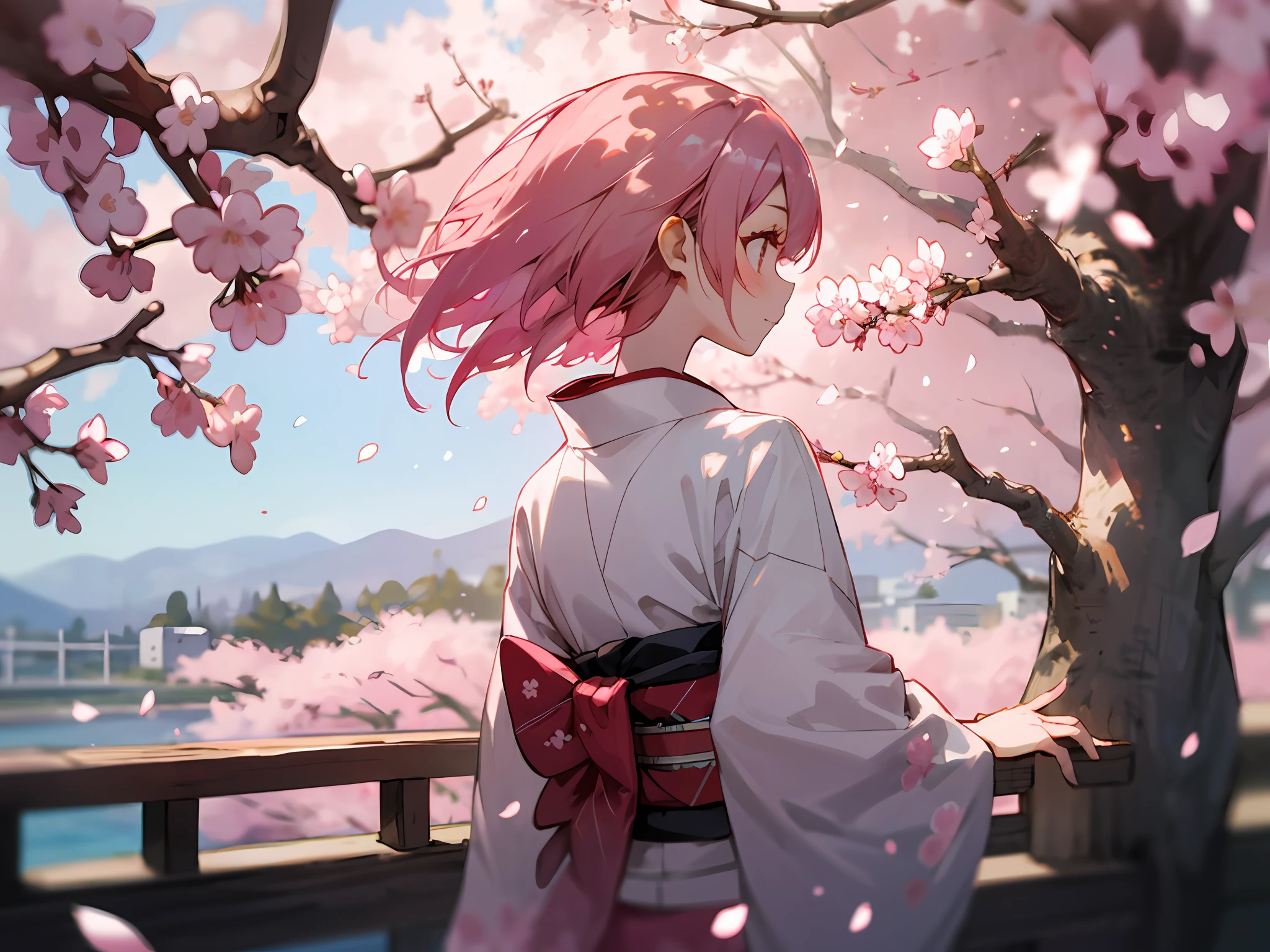 1 young woman, pink hair, kimono, cherry blossom, short hair, big, back hand,