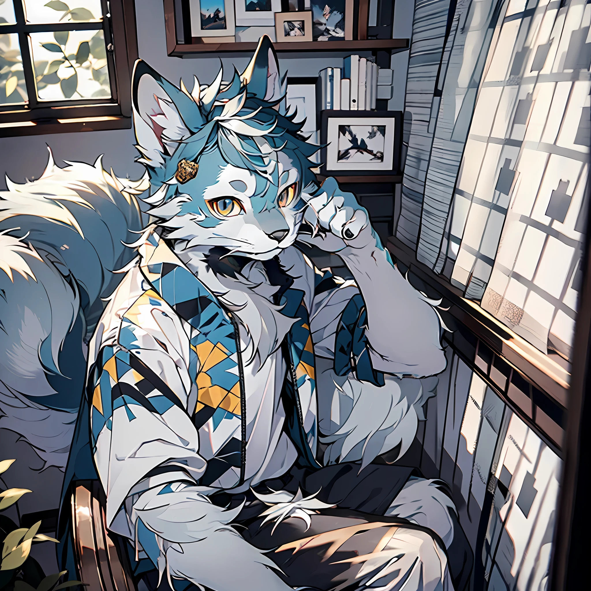 high detail, hyper quality, high resolution, 1080P, solo, furry, (male Maine 1.5), (gray fur: 1.3), blue hair, gray skin, gray ears, golden eyes, sharp claws, (fluffy tail: 1.2), sitting in a chair looking at the window, in the room, natural lighting, detailed background