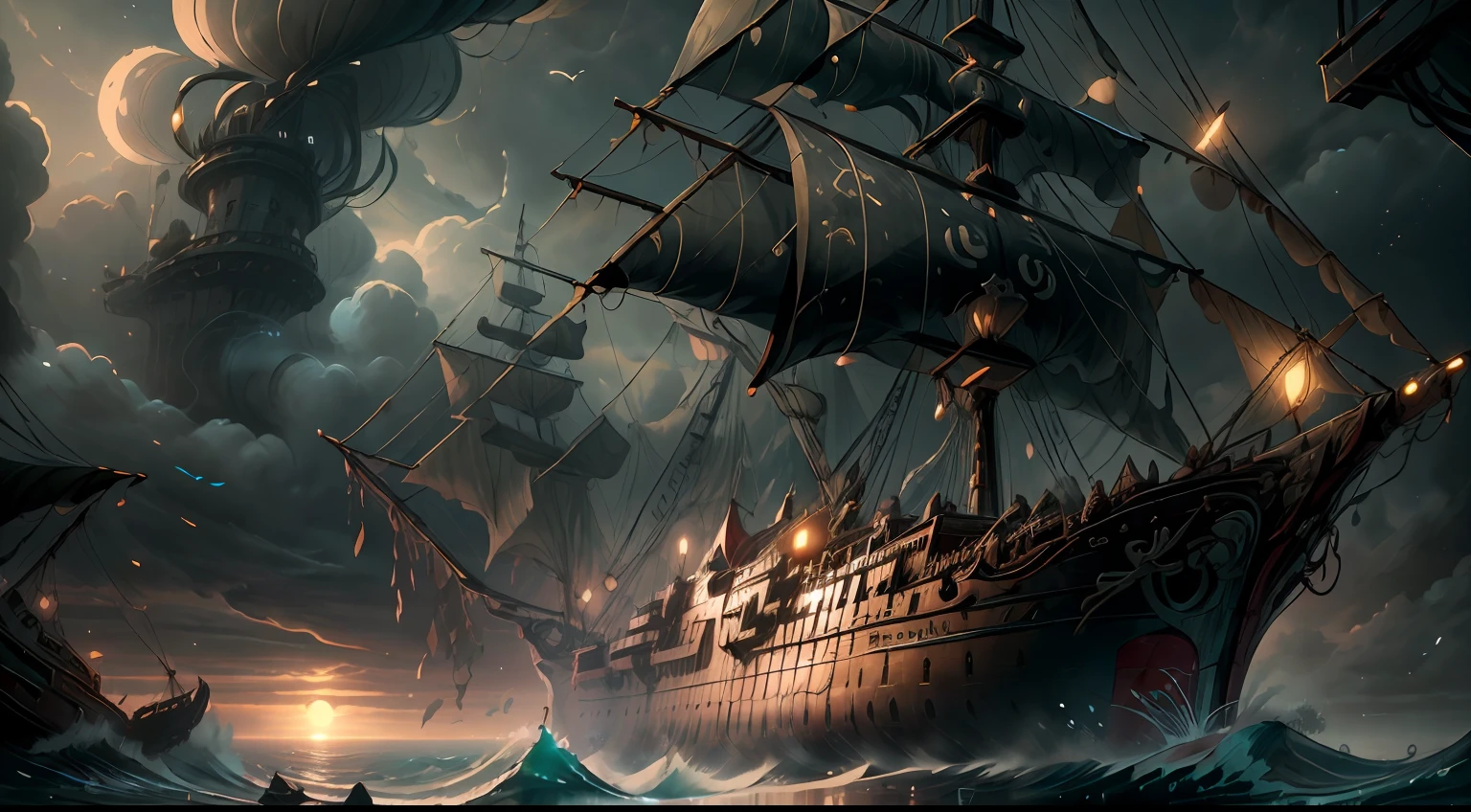 here is a large ship sailing in the ocean at sunset, highly detailed digital painting, 4k highly detailed digital art, detailed painting 4 k, highly detailed digital artwork, stunning digital illustration, digital painting highly detailed, gothic ship on ocean, beautiful digital artwork, sailing ship, 8k high quality detailed art, very detailed digital painting, sea of thieves style, ship at sea --auto