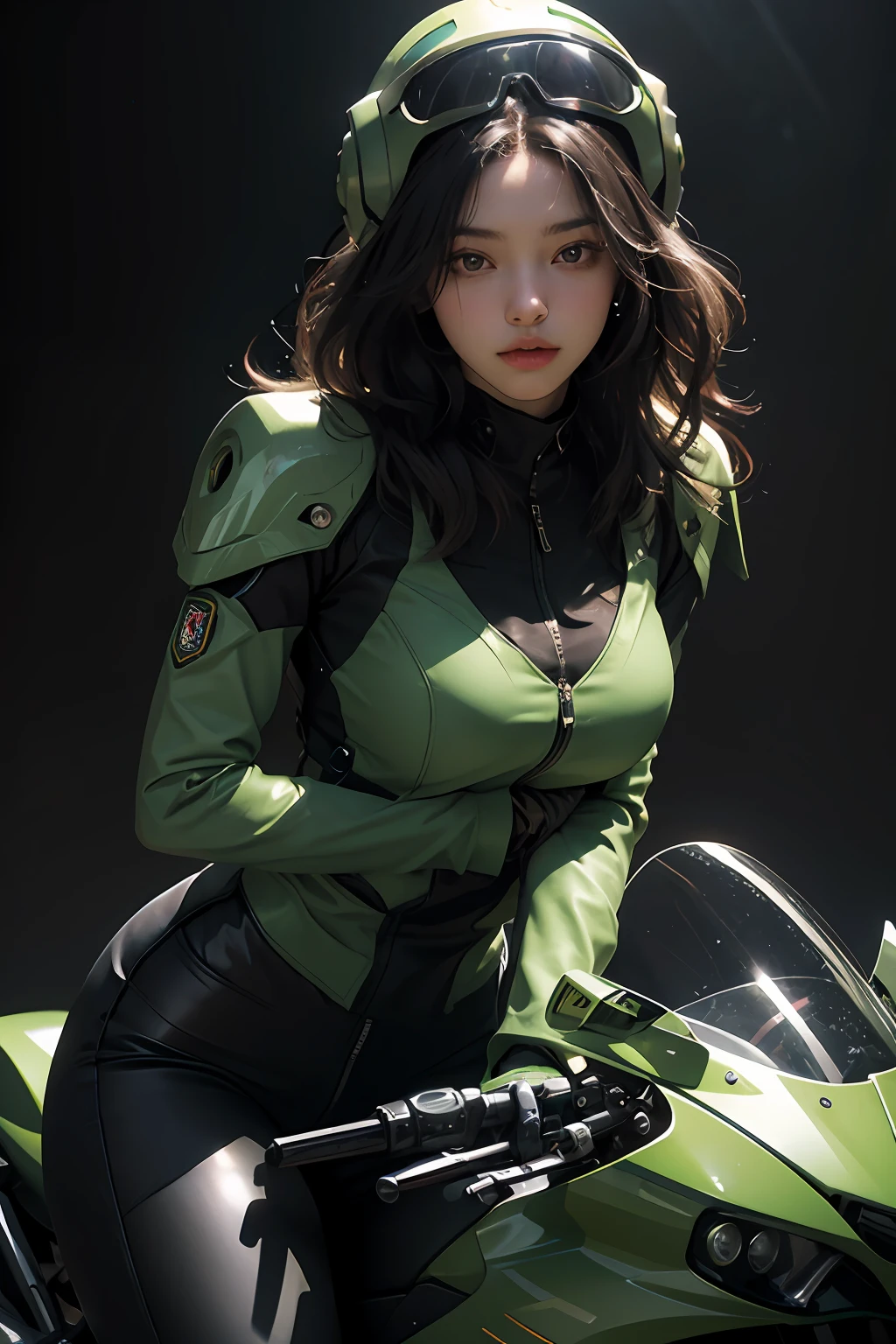 Highest image quality, outstanding details, ultra-high resolution, (realism: 1.4), the best illustration, favor details, highly condensed 1girl, with a delicate and beautiful face, dressed in a black and green mecha, wearing a mecha helmet, holding a directional controller, riding on a motorcycle, the background is a high-tech lighting scene of the future city.