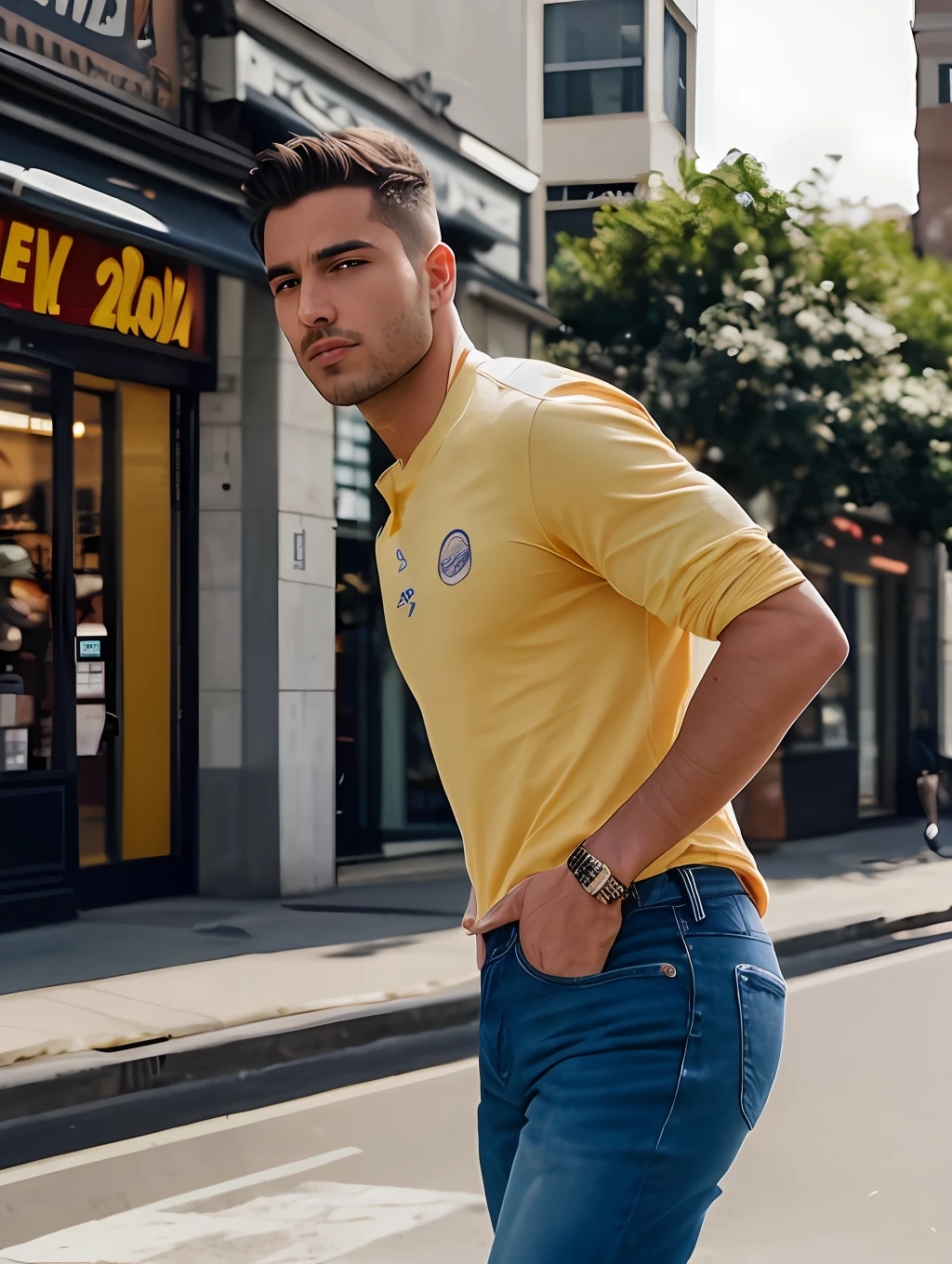 photo of an insanely handsome brazilian man, green eyes, short messy windy light brown hair, closeup zoomed in tight crop portrait, running down a (street on a big city scene people shops cars:1.2) wearing a (casual jeans:1.3) (shopping bags on his hand:1.3) (Lighting-Gold:1.2) action shot foreground objects background details (masterpiece:1.2) (photorealistic:1.2) (bokeh:1.2) (best quality) (color grading) (detailed skin:1.3) (intricate) (8k) (HDR) (cinematic lighting:1.3) (sharp focus), messy windy hair