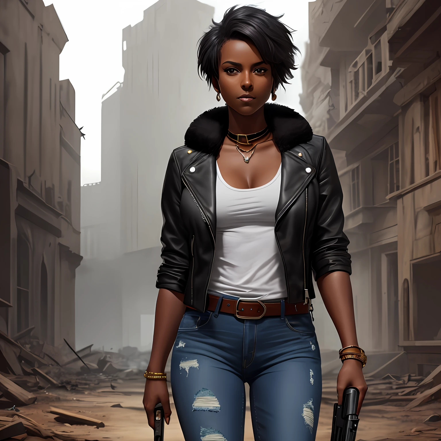 Beautiful (((dark skinned Ebony treasure hunter))), buxom, wearing leather jacket with fur collar, gun belt, thigh high boots, denim jeans with rips, desolate ruins in the background, in the style of Artgerm and Greg Rutkowski, volumetric lighting, sharp focus, perfect face, holding a machete (best quality), (masterpiece), (highres), original, extremely detailed 8K wallpaper, (an extremely delicate)