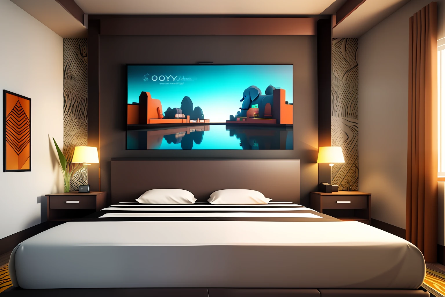 future of hospitality design, Isometric style, accurate 120 degrees, poly art, stylized 3D rendering, hotel guest room, 3D stylized scene, African style touch ,smooth wall color ,elephant wall picture and zebra