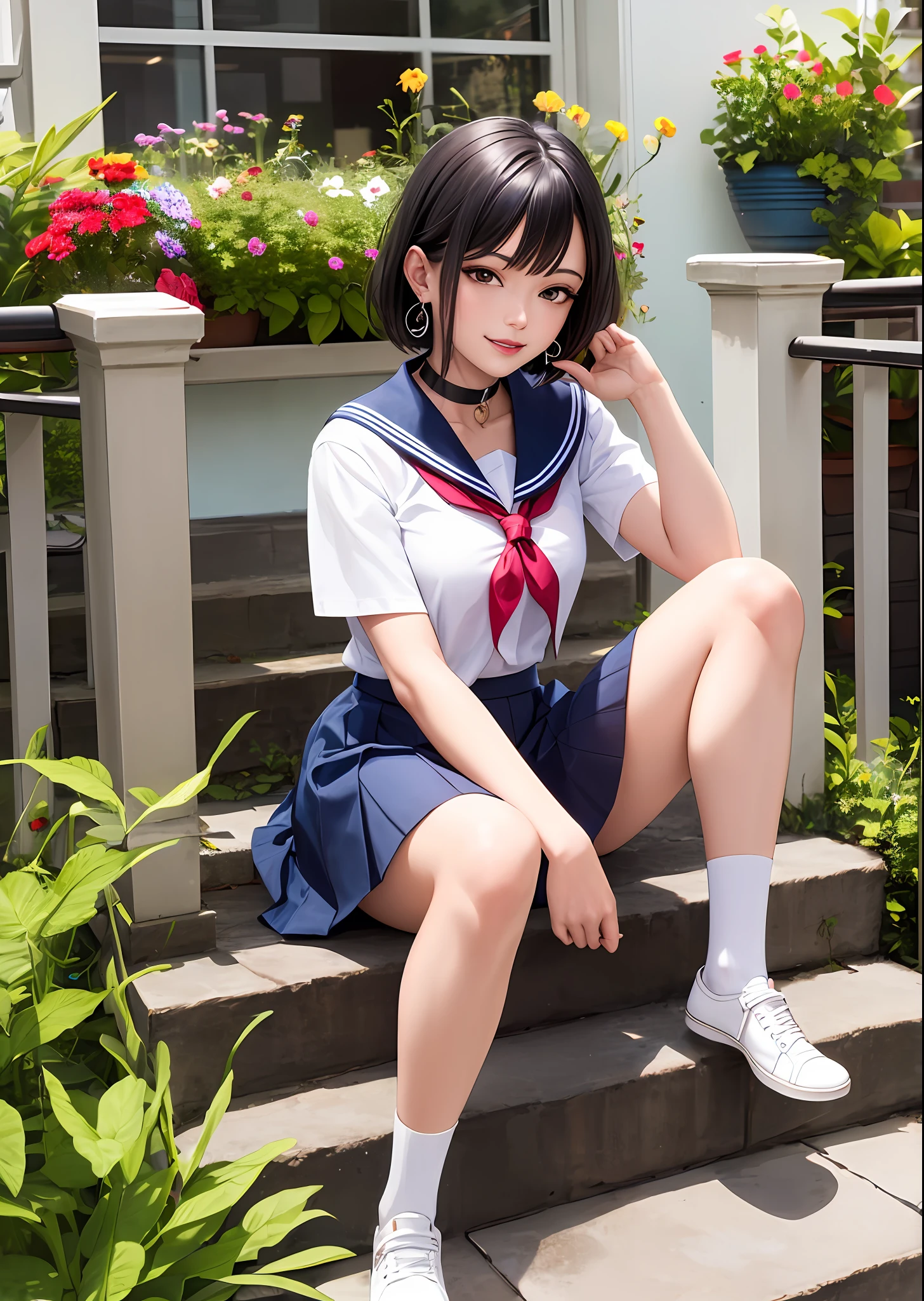 1girl, bangs, black_choker, black_hair, blue_sailor_collar, blue_skirt, bush, choker, collarbone, day, earrings, flower, jewelry, lips, looking_at_viewer, outdoors, plant, pleated_skirt, potted_plant, road, sailor_collar, school_uniform, serafuku, shirt, short_hair, short_sleeves, sitting, skirt, smile, solo, stairs,