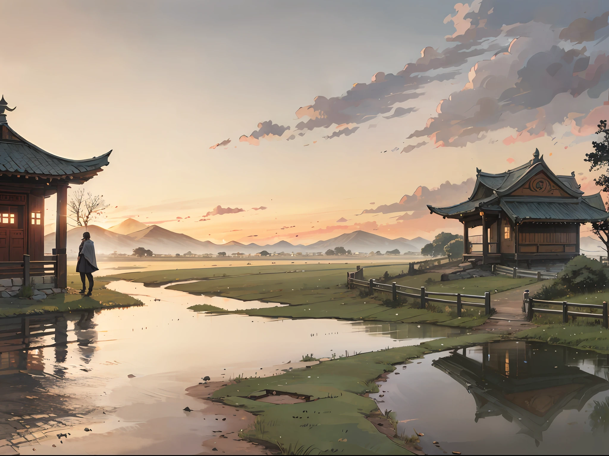 Chinese wind, empty grassland, small bridge, flowing water, small house, ancient road, west wind blowing, thin horse, sunset, a man in a cape
