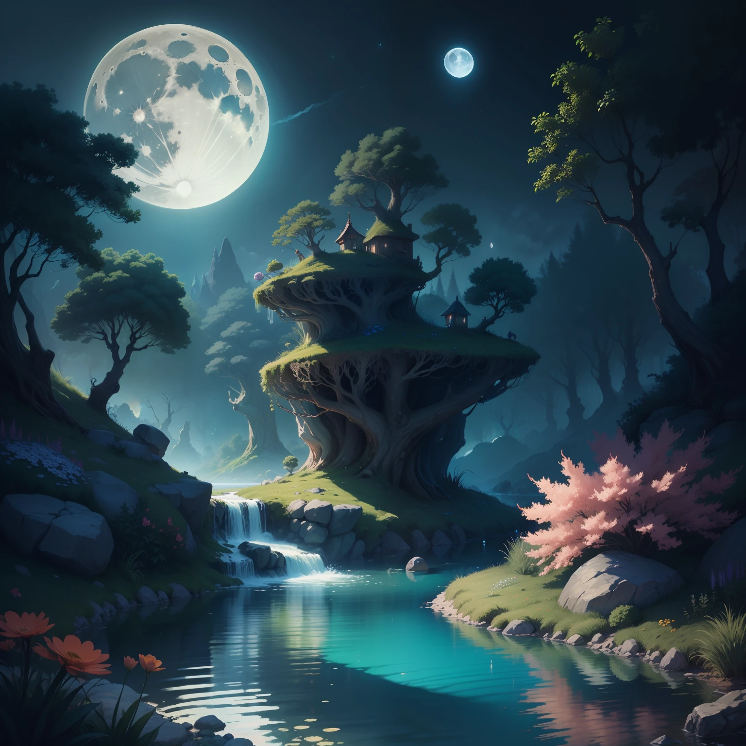 drawing, an enchanted river, where magical creatures swam, night, moon, fantasy, flowers, vegetation, trees magical environment, cartoon, disney wall drawing, high definition, ultra detailed, sharp,