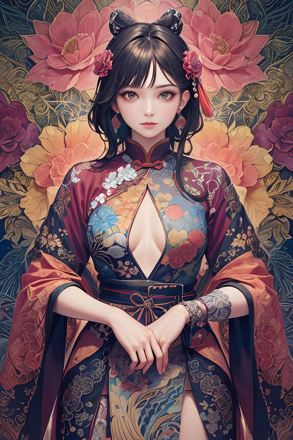 (masterpiece, top quality, best quality, official art, beautiful and aesthetic:1.2), (1girl:1.3), extremely detailed,(fractal art:1.1),(colorful:1.1)(flowers:1.3),highest detailed,(zentangle:1.2), (dynamic pose), (abstract background:1.3), (chinese Traditional cloth:1.2), (shiny skin), (many colors:1.4), ,(earrings:1.4),