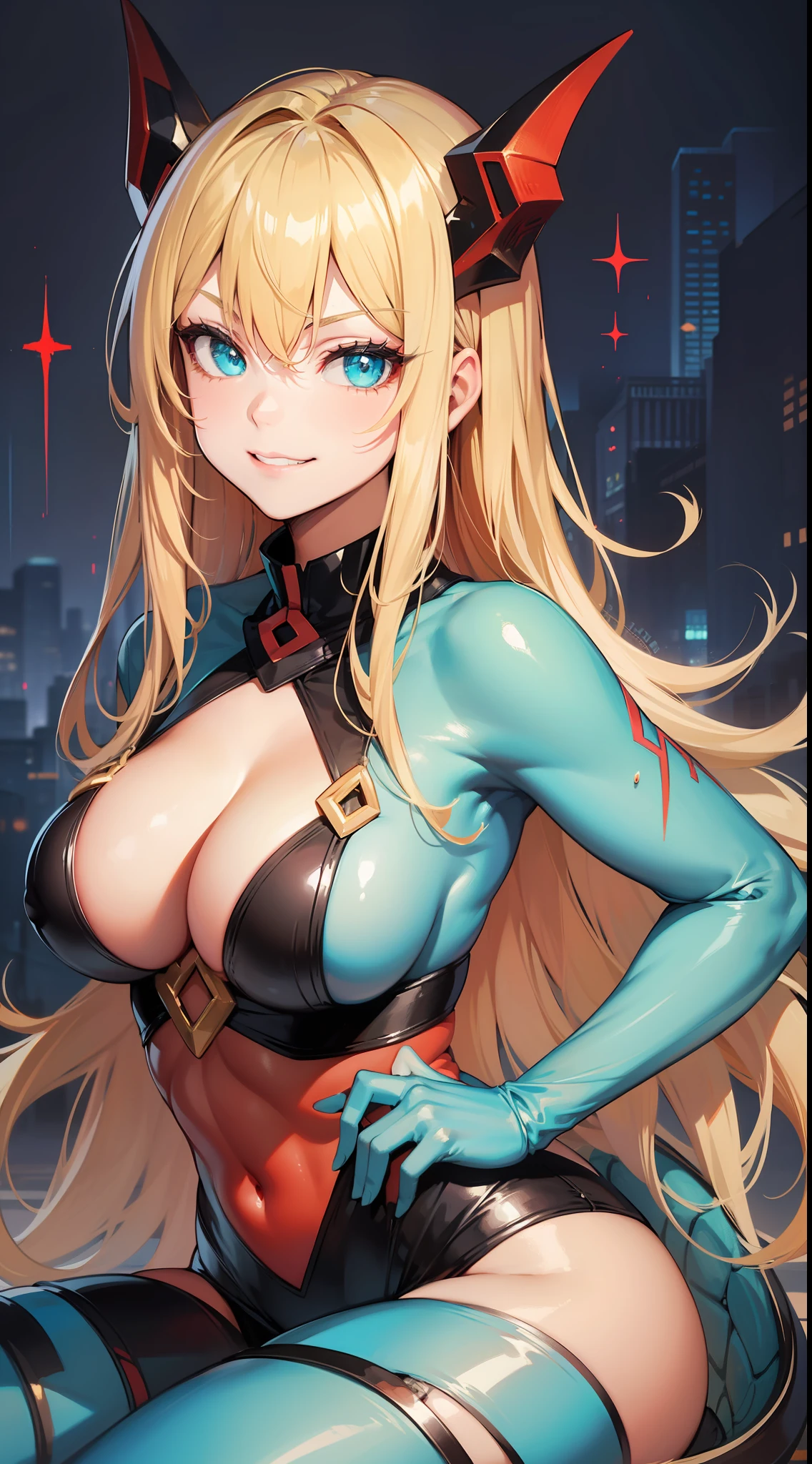 Young girl, long blonde hair, cyan eyes, red ninja shape, inner sideboob, dragon, smirk, masterpiece, high quality