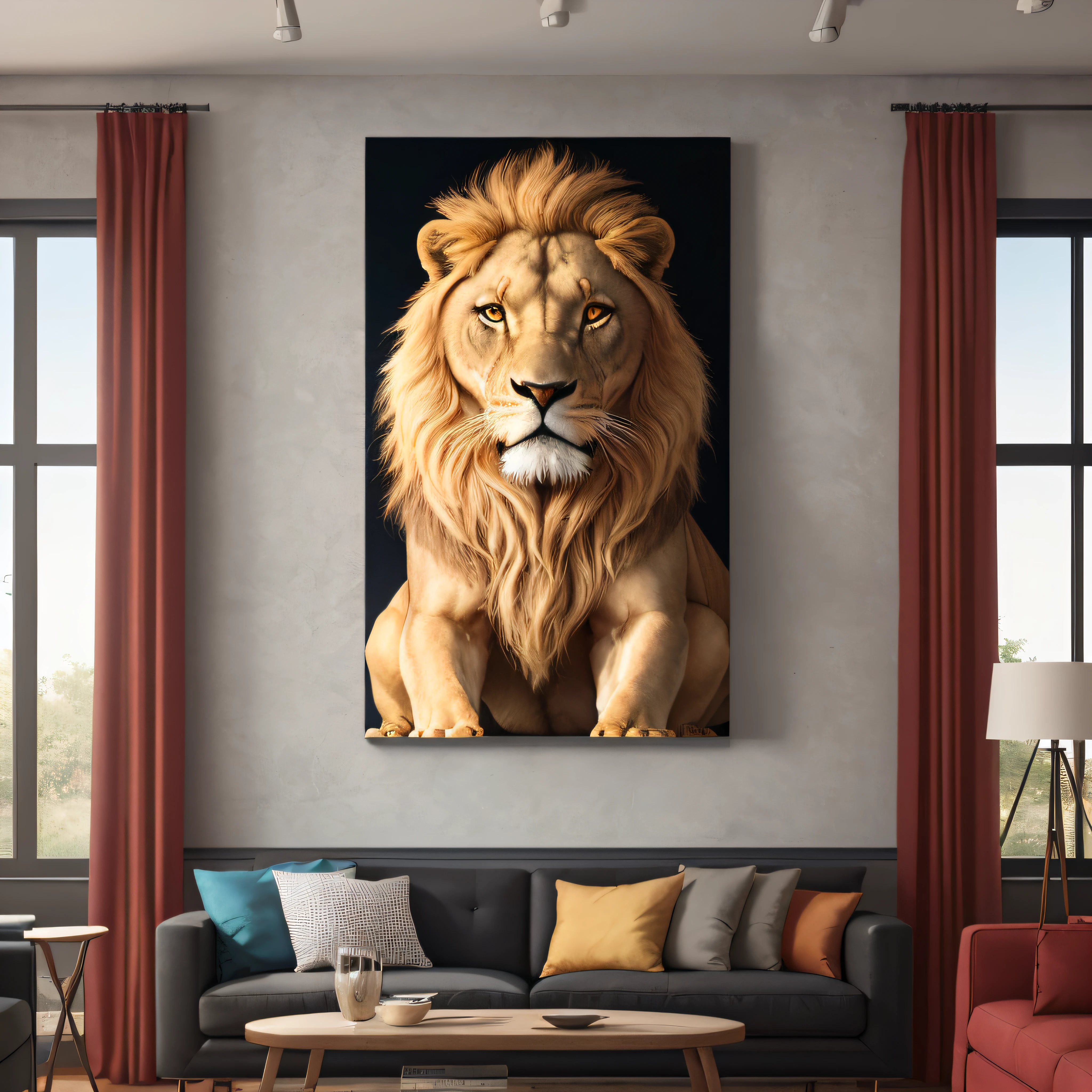 there is an image of a lion sitting on a wall, printing art on canvas, placed in a living room, displayed on the walls, very high quality art, 4k product photo, high quality glossy art, high resolution printing, large format photography, 4k painting photography, highly detailed 8k art, placed in a large living room, large format image, realistic image --auto